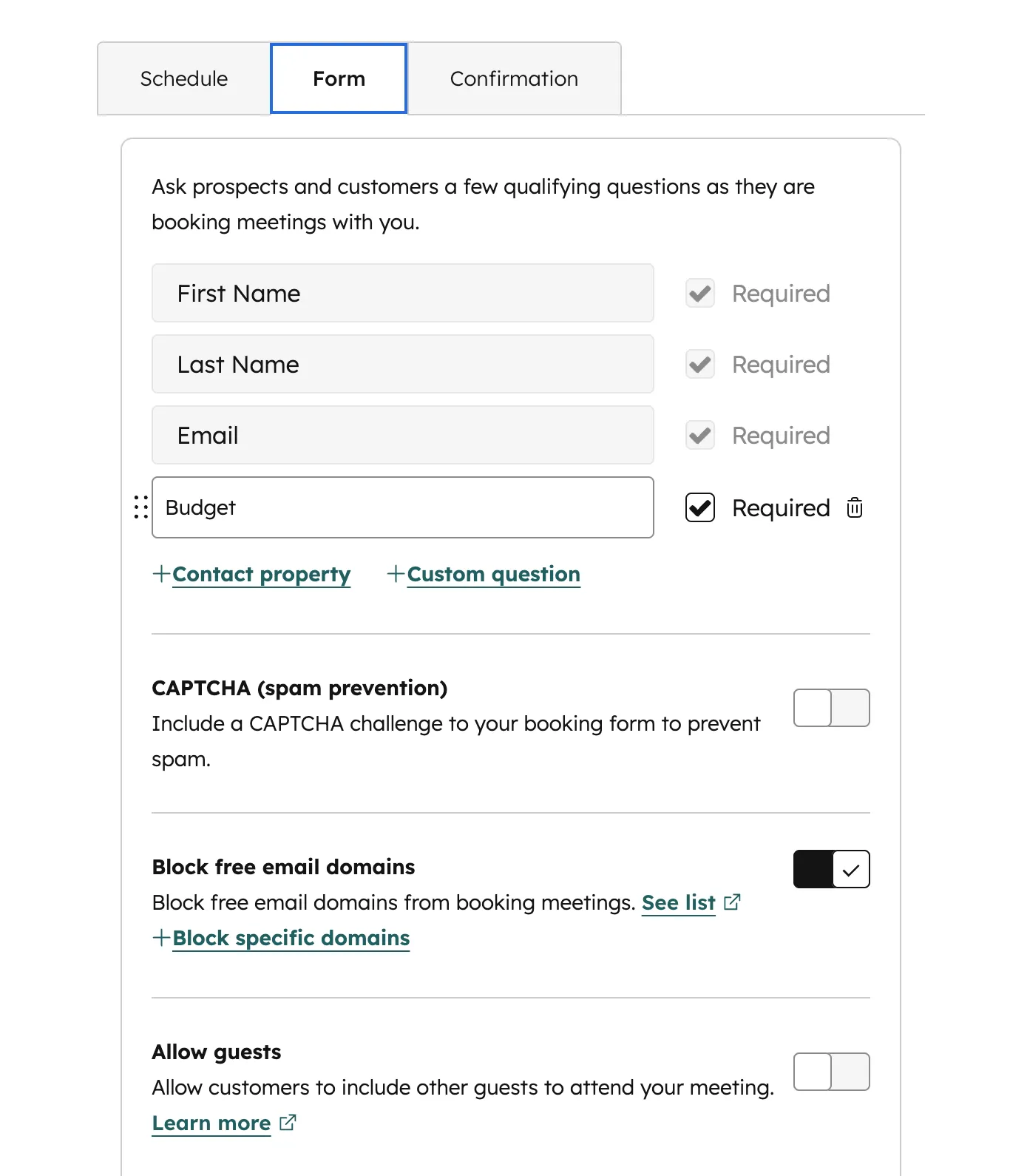 HubSpot Meeting Form Tab mit First Name Last Name Email Budget Required