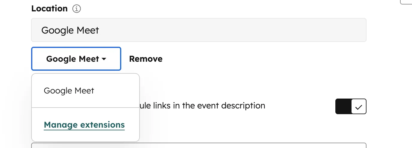 HubSpot Location Dropdown mit Google Meet und Manage extensions