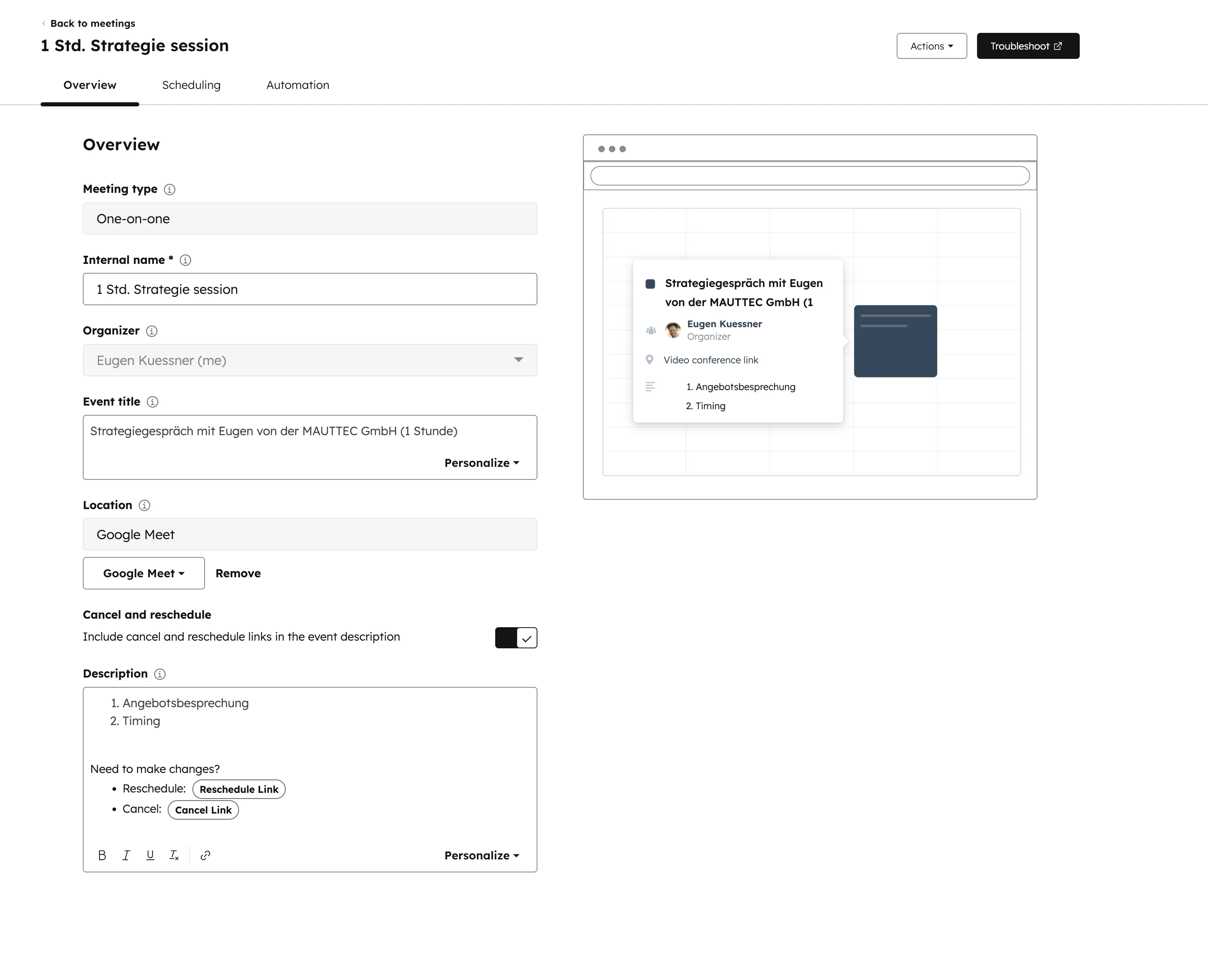 HubSpot Meeting Overview mit Meeting type Organizer Event title Location