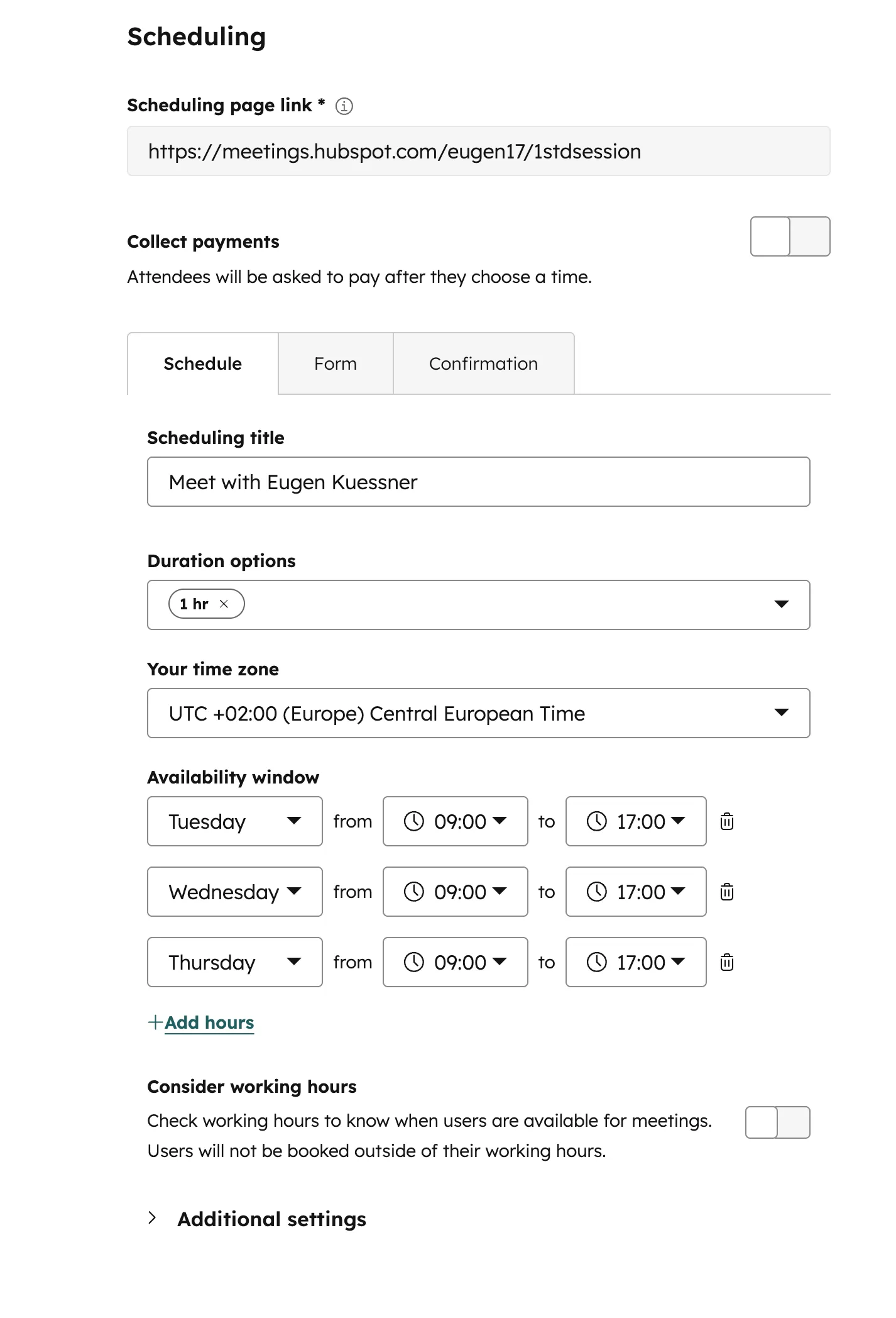HubSpot Scheduling Page mit Duration Timezone Availability window