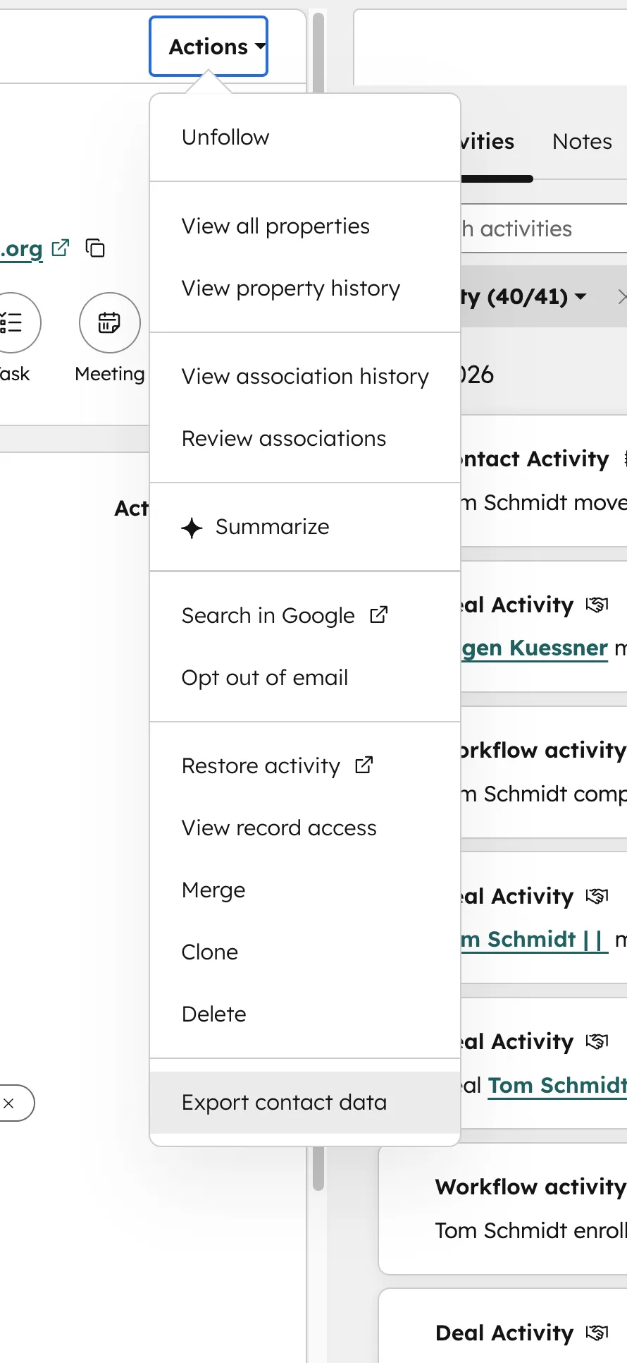 HubSpot Kontakt Actions-Menü mit der Option Export contact data