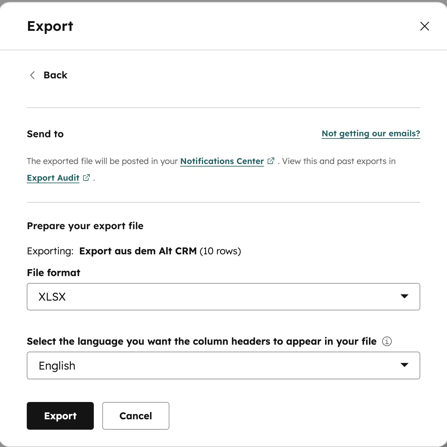 HubSpot Export-Dialog mit XLSX-Format, Dateiname und Sprachauswahl für Spaltenüberschriften