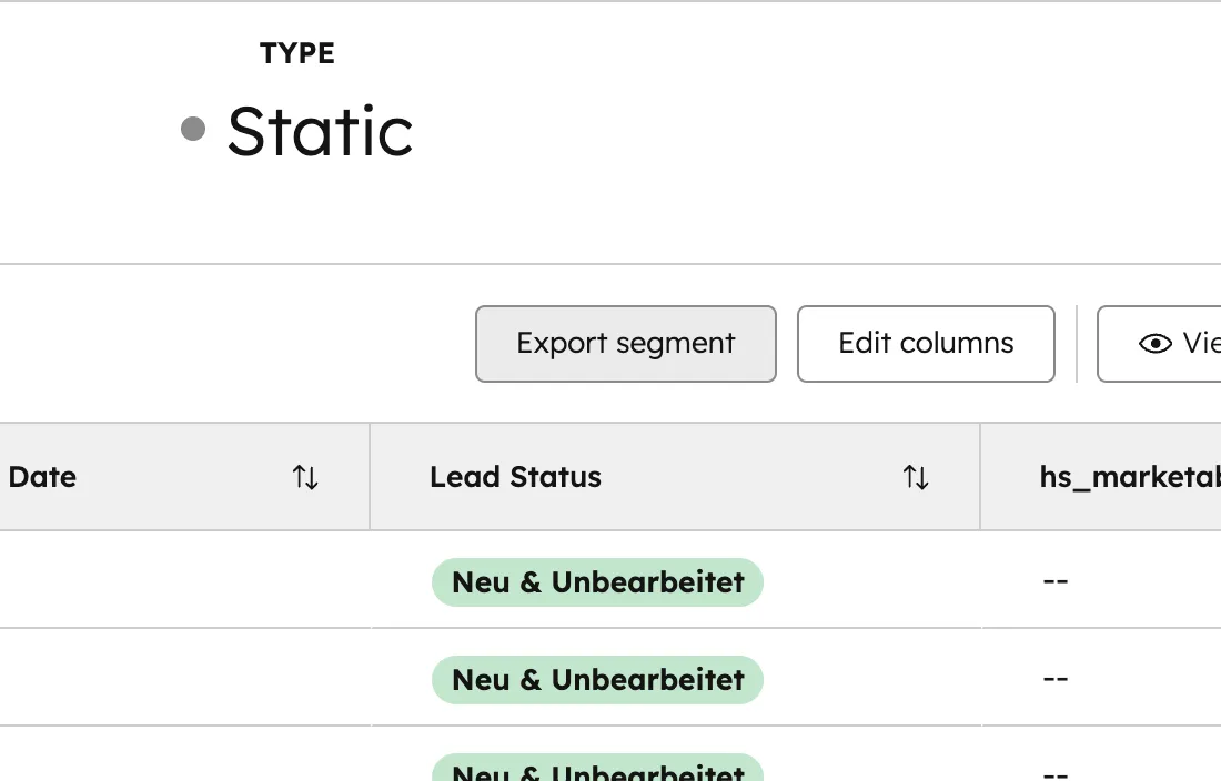 HubSpot statische Liste mit Lead Status Spalte und Export-Segment-Button