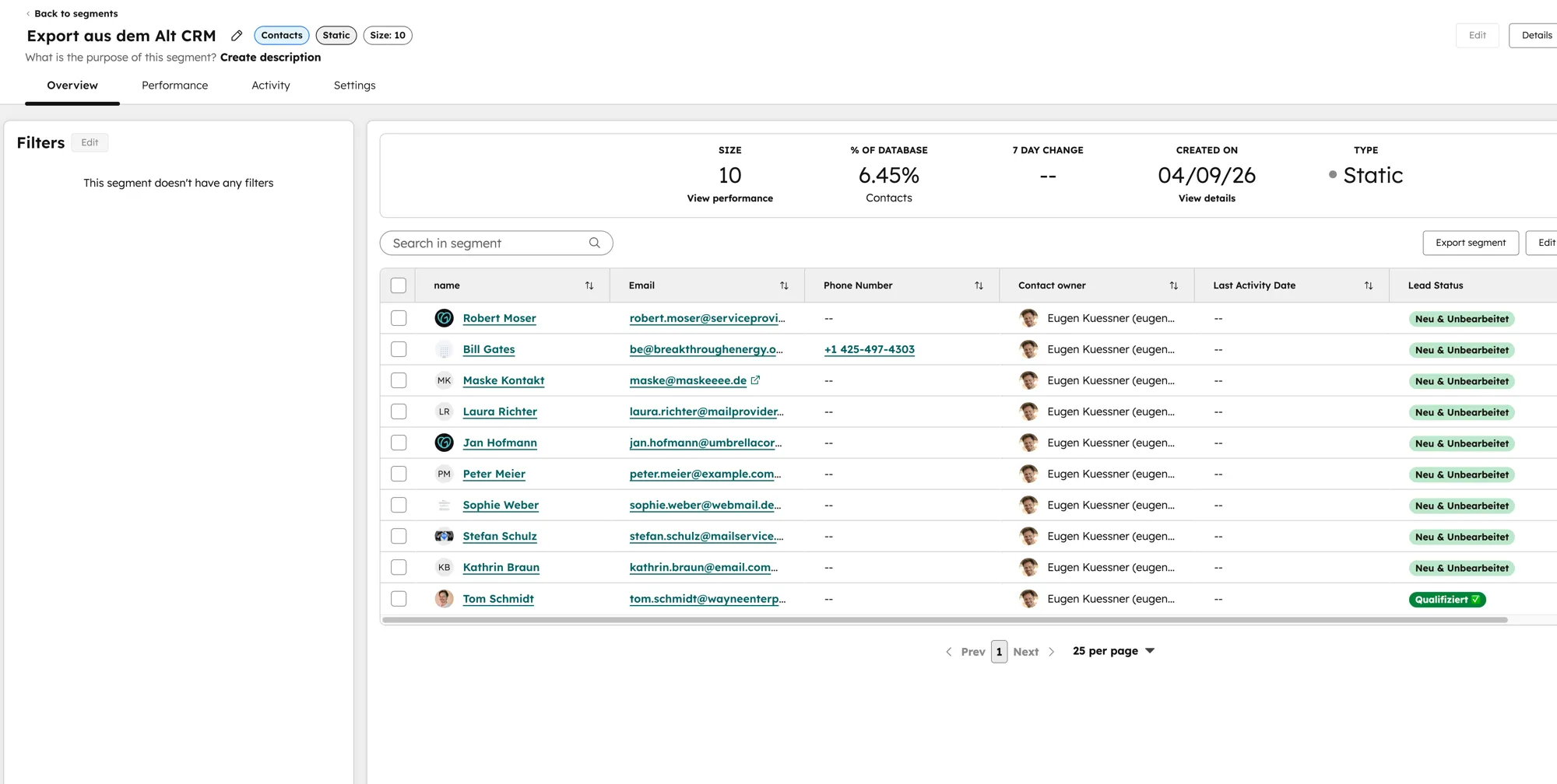 HubSpot Segment-Übersicht mit 10 Kontakten, E-Mail-Adressen, Lead Status und Export-Button