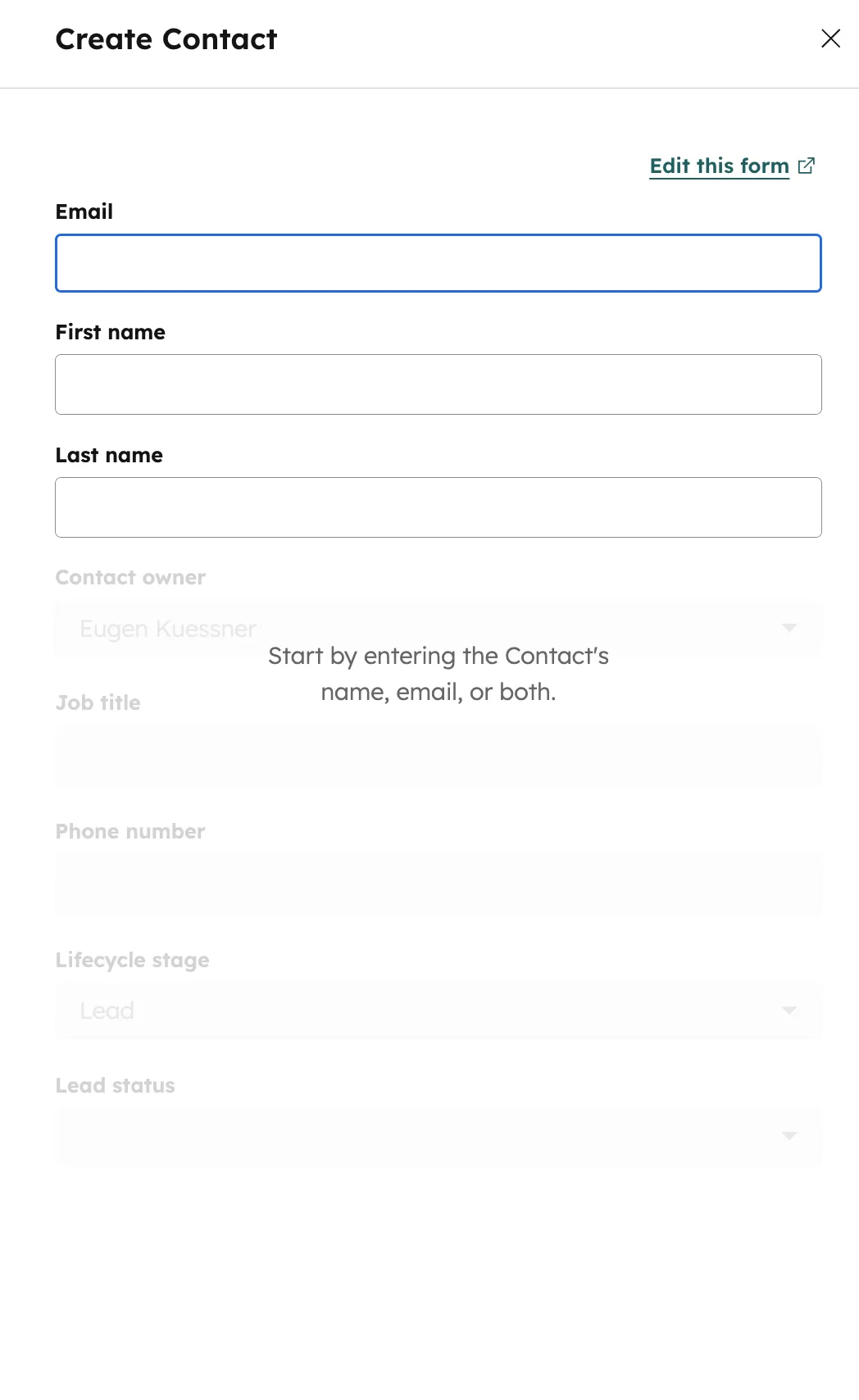 HubSpot Create Contact Formular Email First Name Last Name Job Title Phone Lifecycle Stage