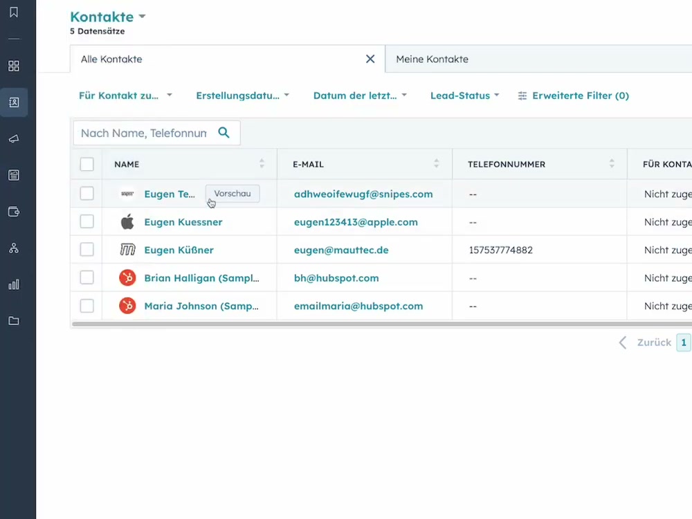 HubSpot Free CRM Kontakte-Übersicht mit 5 Datensätzen