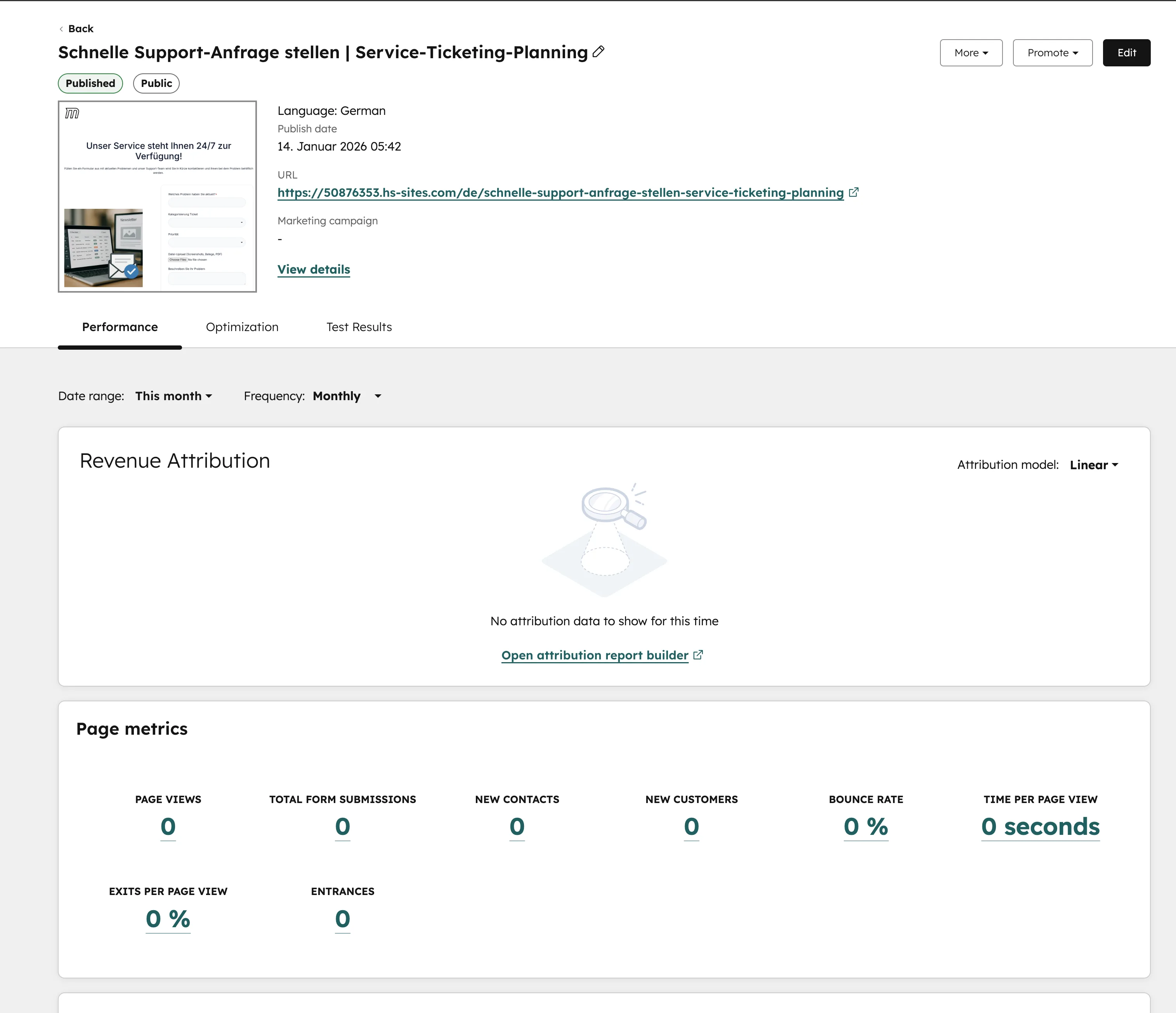HubSpot Landingpage Performance Metrics Page Views Form Submissions Bounce Rate Revenue