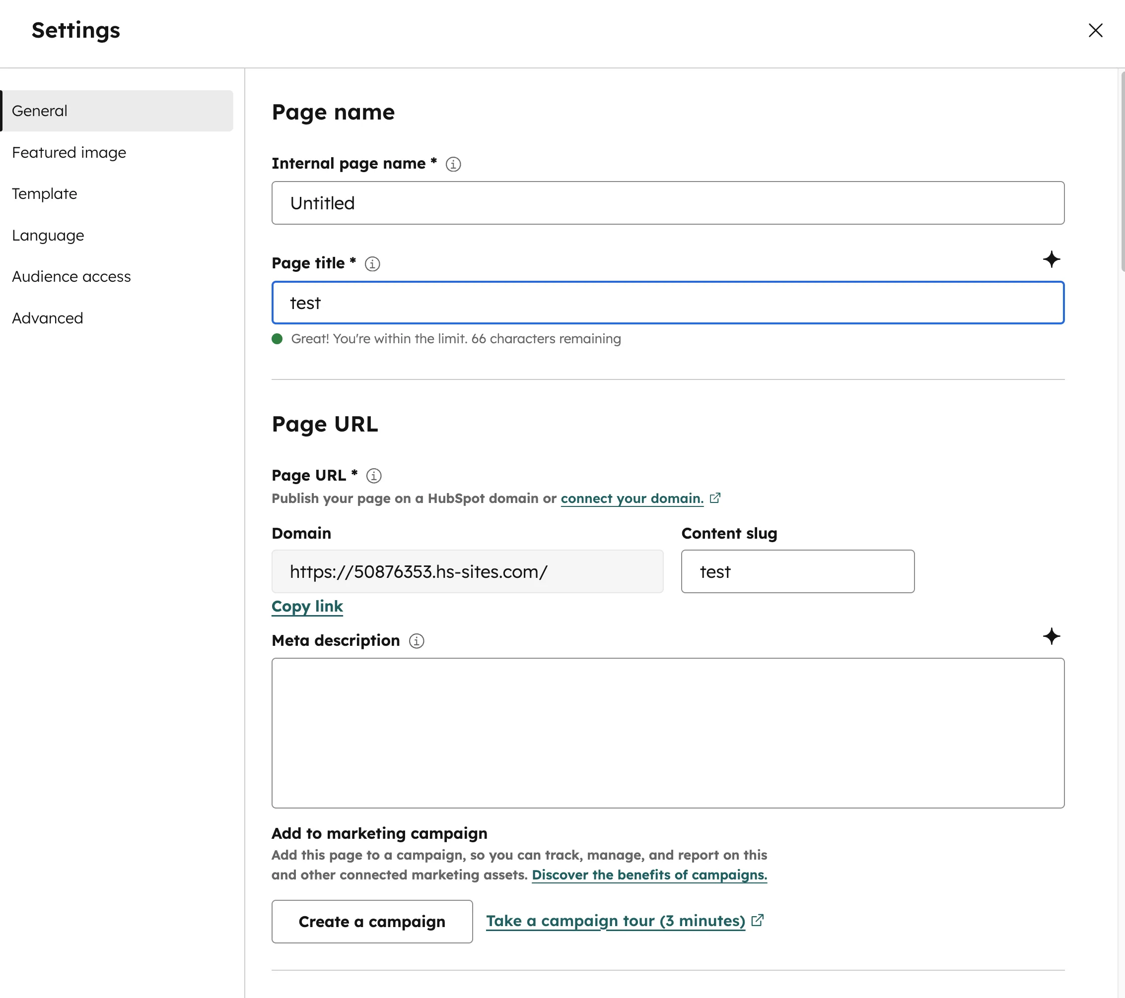 HubSpot Landingpage Settings Page Title Meta Description URL Slug SEO konfigurieren