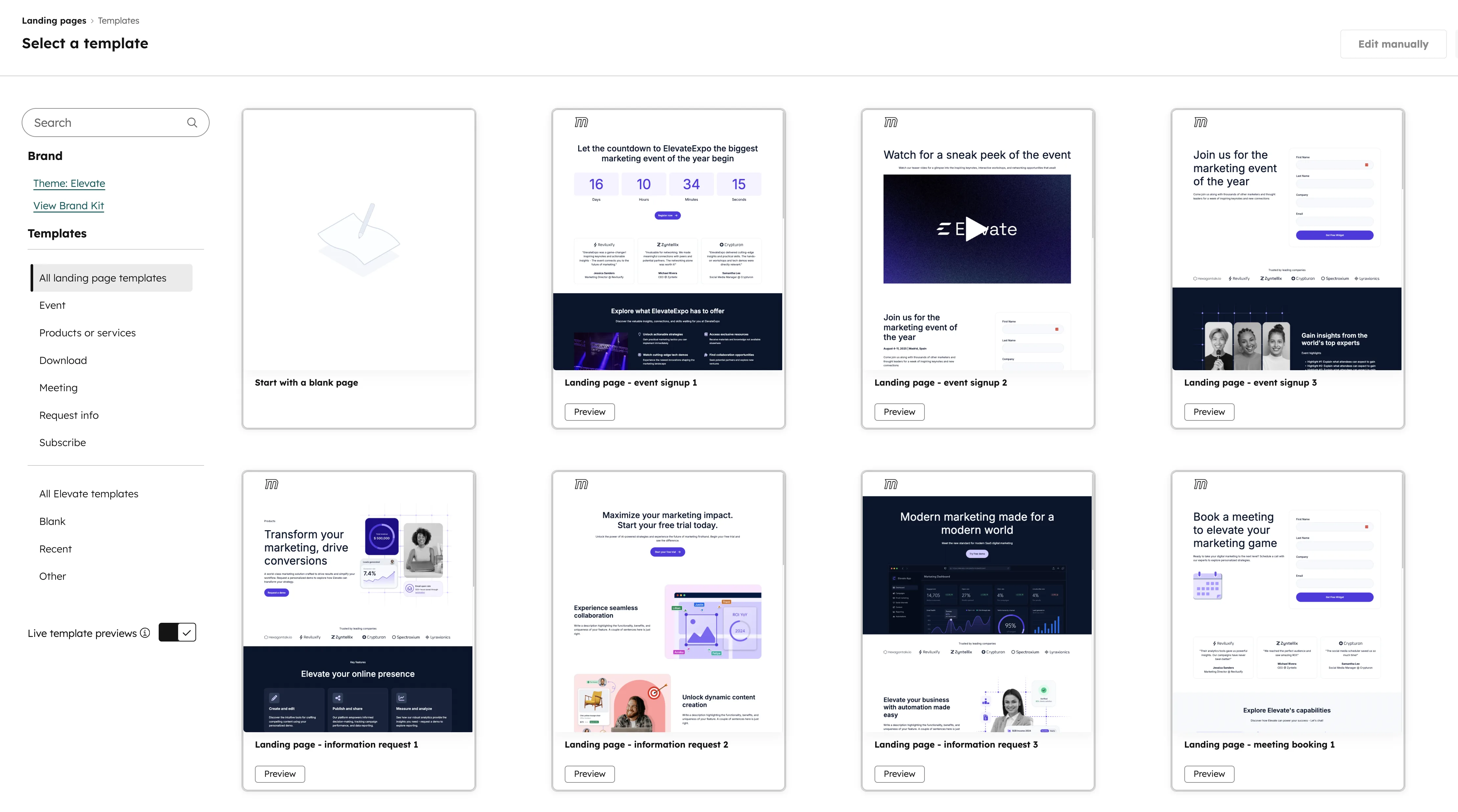 HubSpot Landingpage Template Auswahl Event Products Download Meeting Subscribe Vorlagen