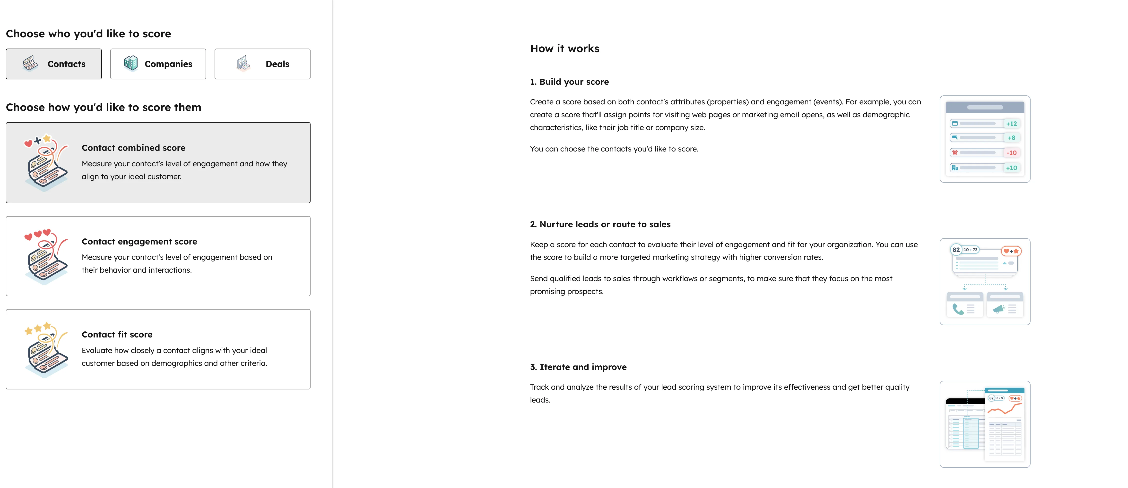 HubSpot Lead Scoring Setup: Score-Typ Auswahl zwischen Combined Score, Engagement Score und Fit Score für Kontakte und Unternehmen
