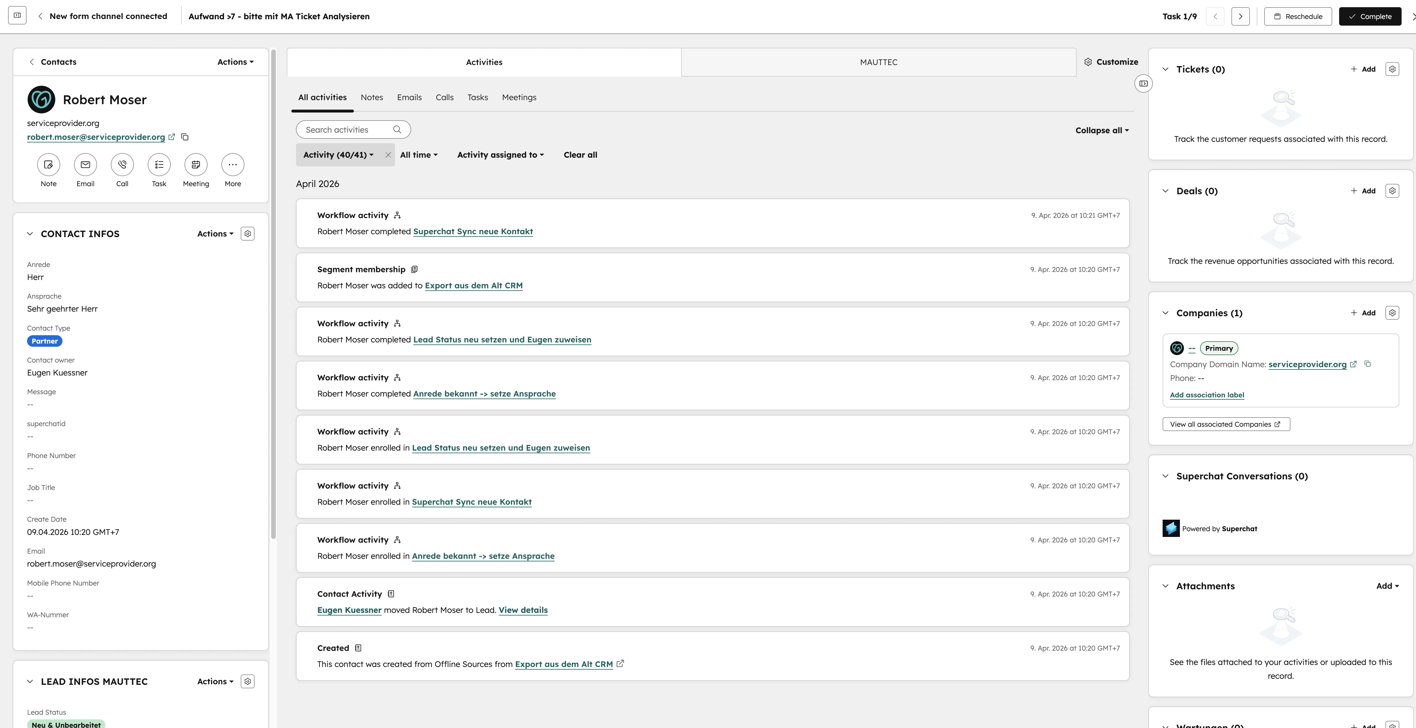HubSpot Kontakt-Detail mit Aktivitäten-Timeline und Workflow-Enrollments