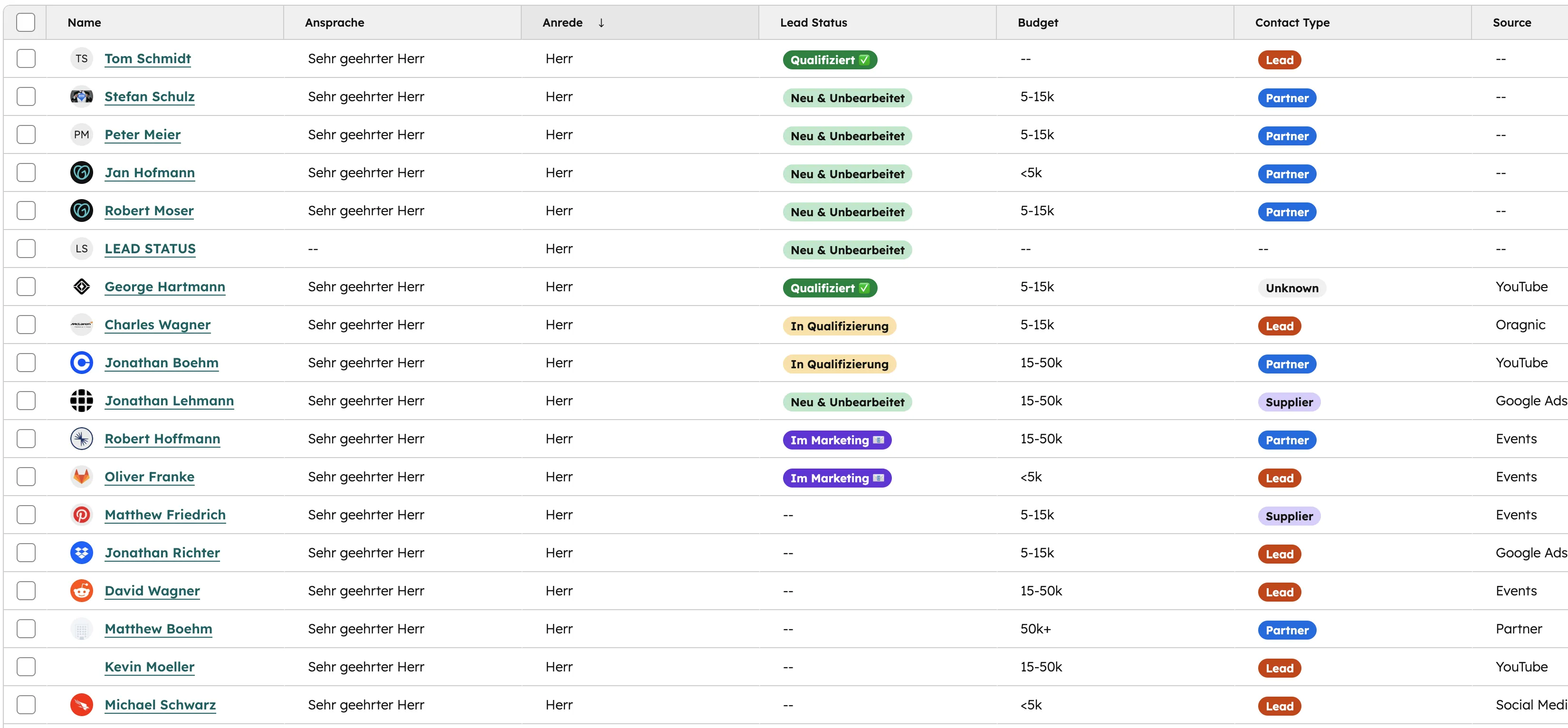 HubSpot Leads-Liste mit Lead Status Badges