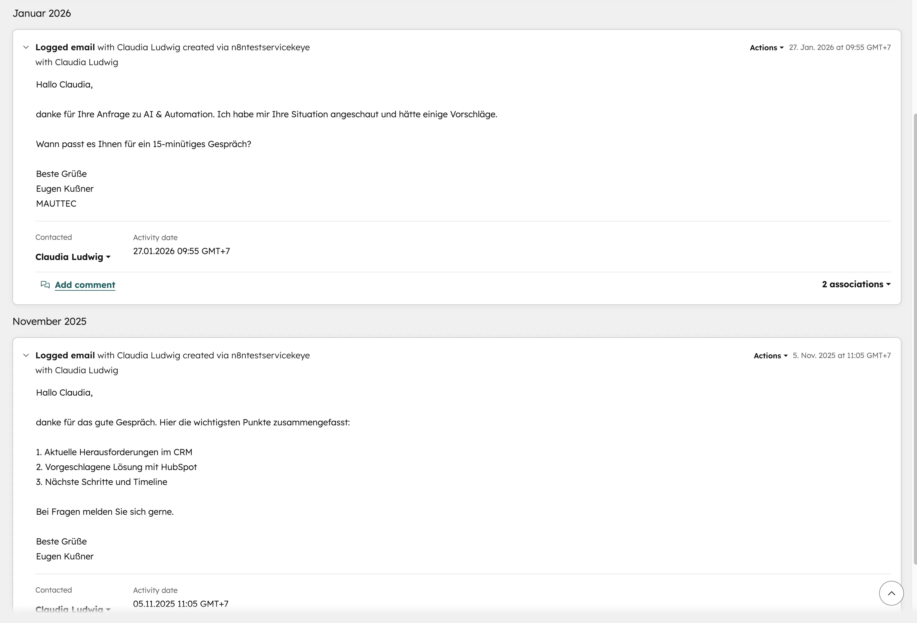 HubSpot Logged Email Conversation mit Follow-up E-Mail an Lead