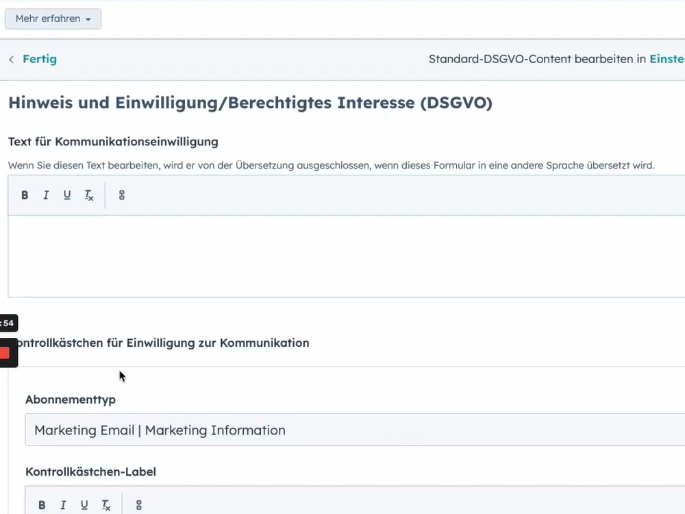 HubSpot Formular DSGVO-Einstellungen: Einwilligung und Kommunikations-Checkbox