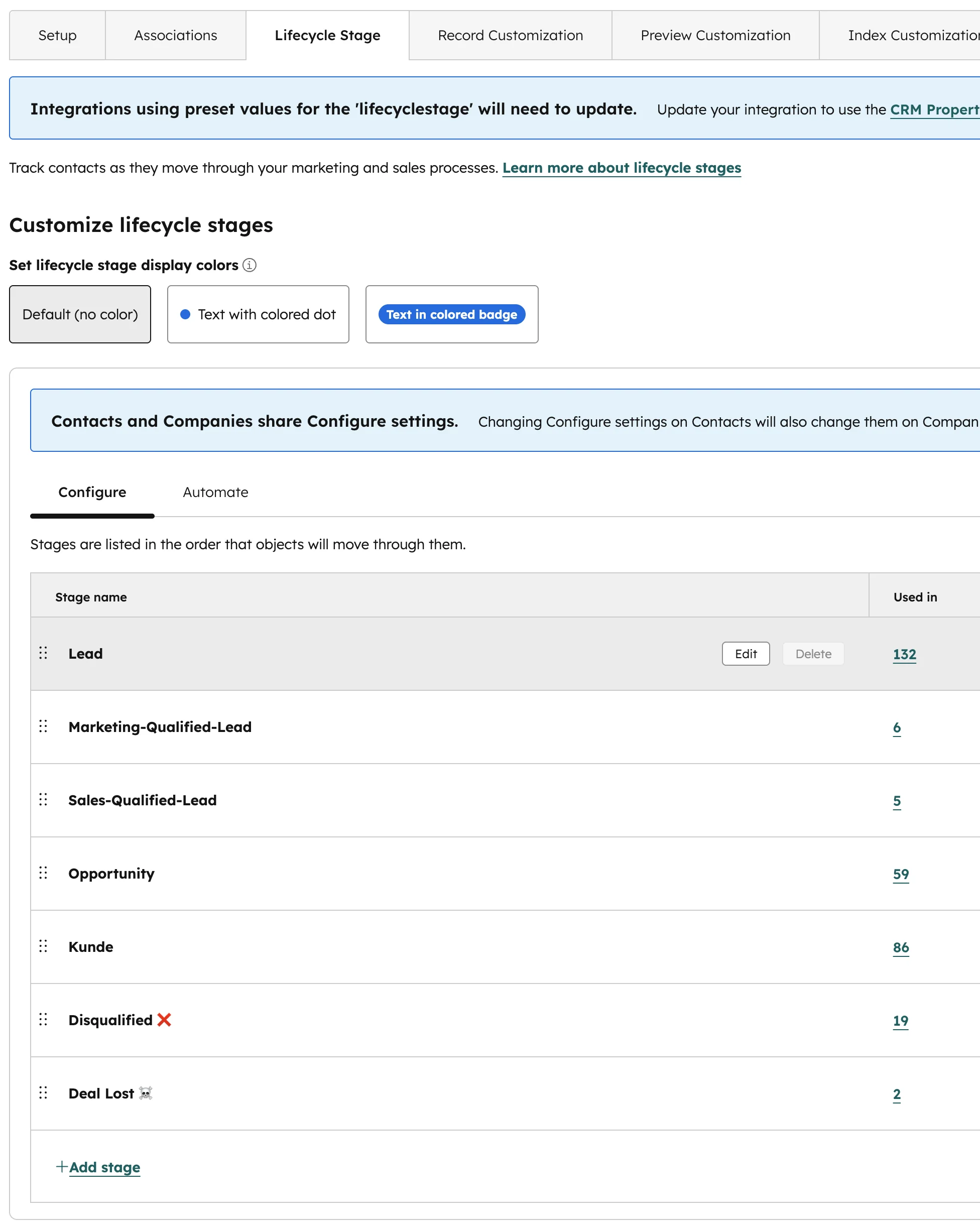 Stelle 3: Lifecycle-Stage-Settings — fehlende automatische Übergänge zwischen Lead, MQL und SQL