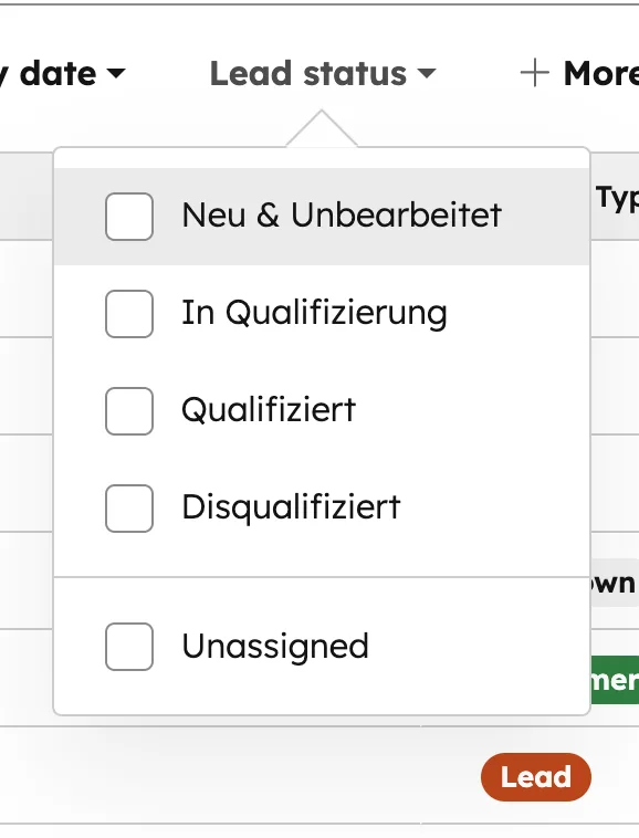 HubSpot Lead Status Dropdown Neu Unbearbeitet In Qualifizierung Qualifiziert Disqualifiziert