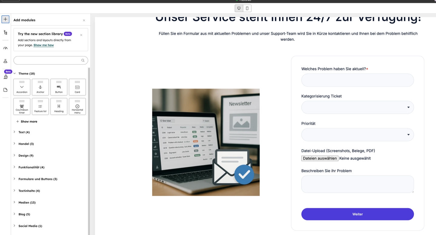 HubSpot Landing Page erstellen — Page Builder mit Formular und Sektionen-Editor