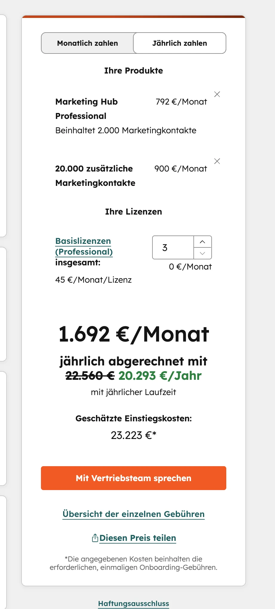 HubSpot Marketing Hub Professional Preis 1692 EUR Monat mit 20000 zusätzlichen Kontakten