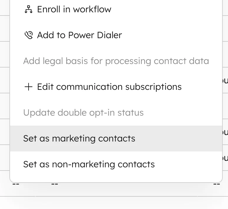 HubSpot Kontextmenü Set as Marketing Contacts Non-Marketing Contacts