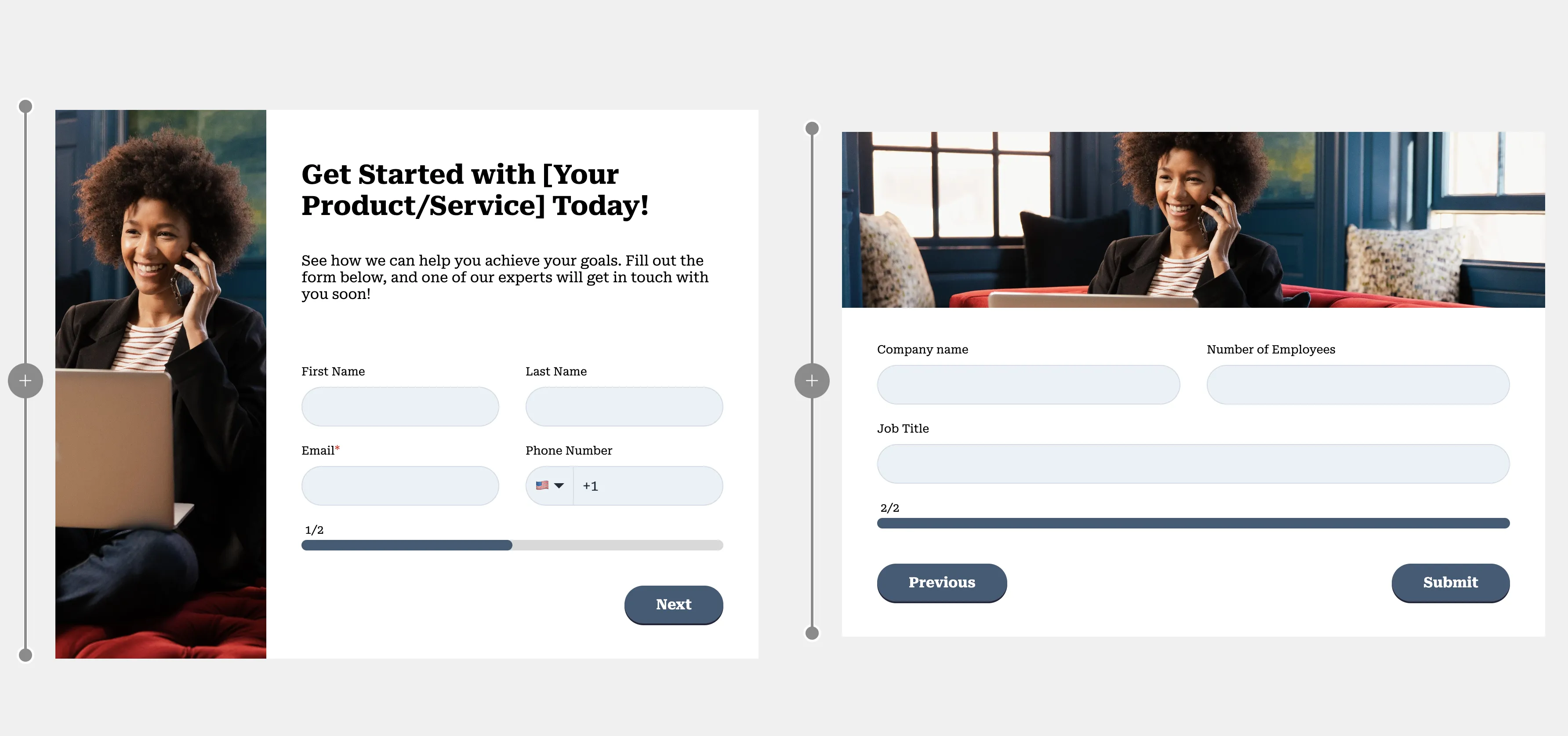 HubSpot Multi-Step Formular Vorschau mit Schritt 1 Name E-Mail Telefon und Schritt 2 Firma Mitarbeiter Jobtitel
