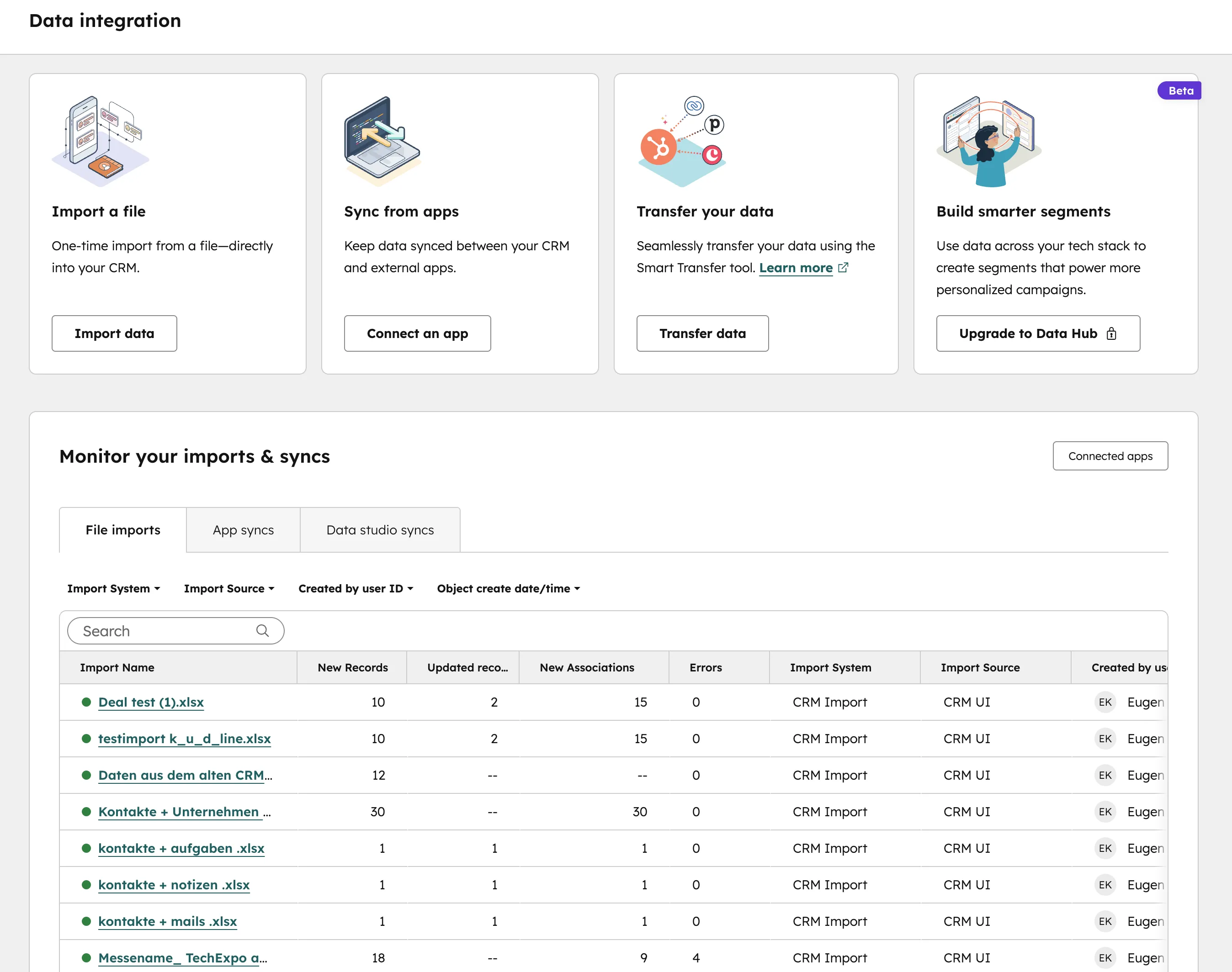 HubSpot Data Integration Hub mit Import, Sync und Transfer als zentrale Anlaufstelle für Integrationen