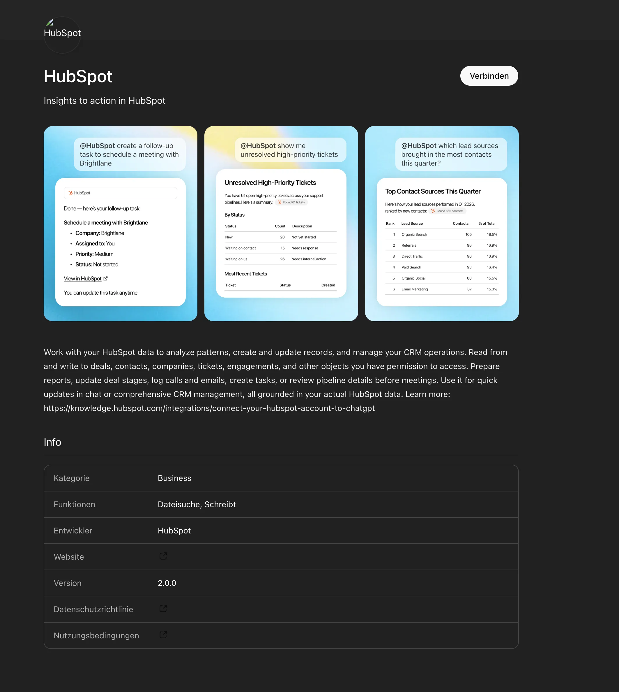 HubSpot GPT Store App mit Use-Case-Karten für Follow-up, Tickets und Sources