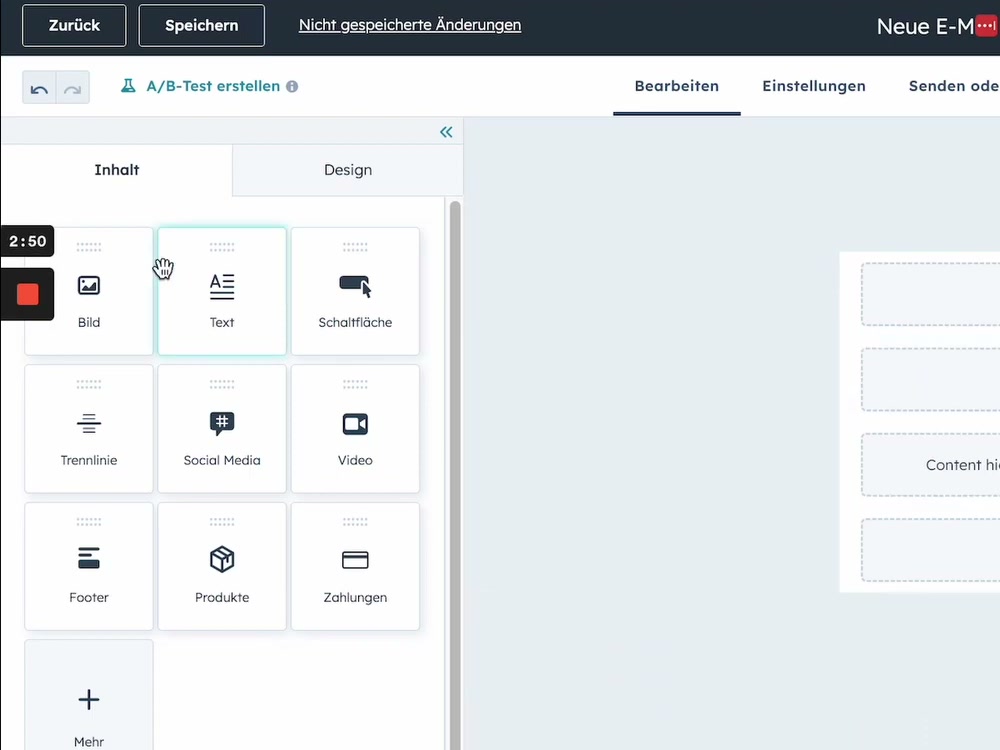 HubSpot Newsletter Drag-and-Drop Editor mit Modulen für E-Mail-Erstellung
