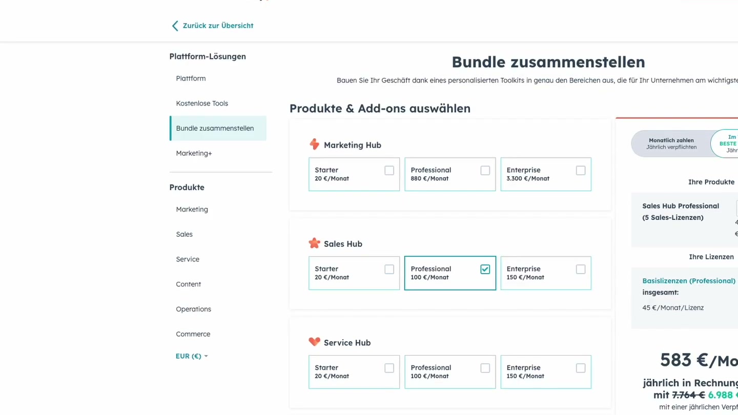 HubSpot Bundle mit Sales Hub Professional ausgewählt, Gesamtpreis 583 EUR pro Monat
