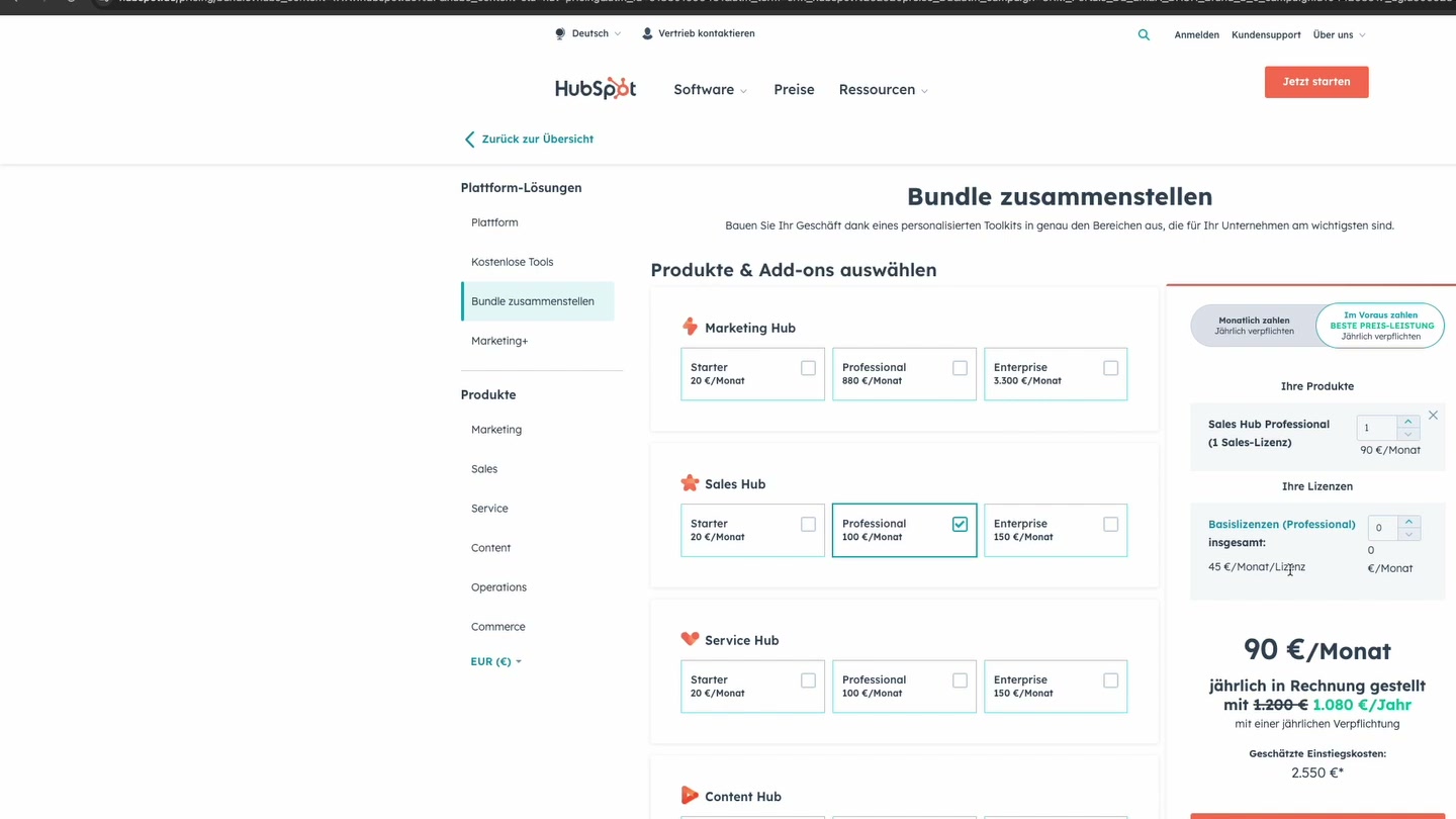 HubSpot Bundle Konfigurator: Marketing, Sales, Service Hub mit Preisberechnung