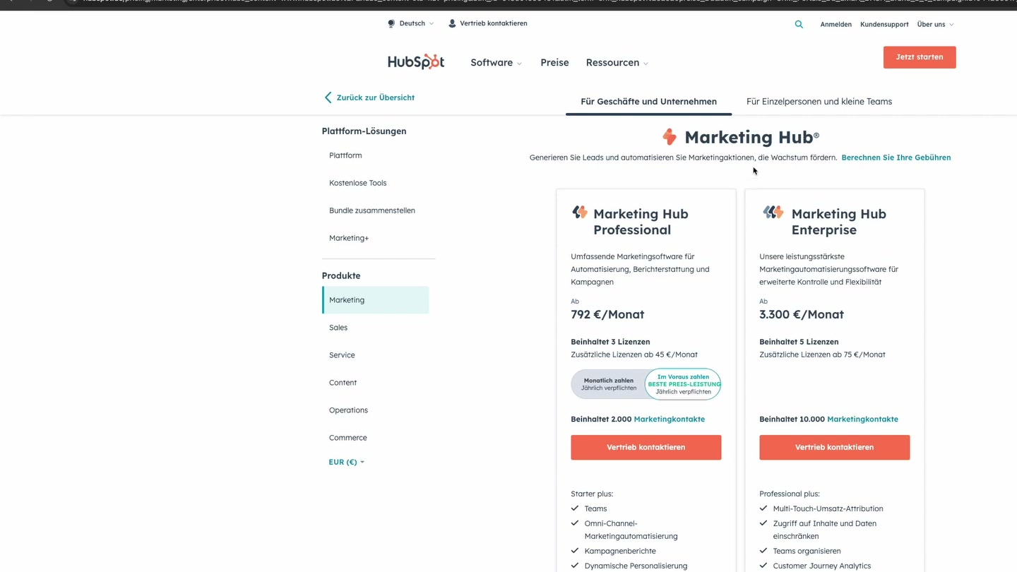 HubSpot Marketing Hub Pricing: Professional 792 EUR, Enterprise 3.300 EUR pro Monat