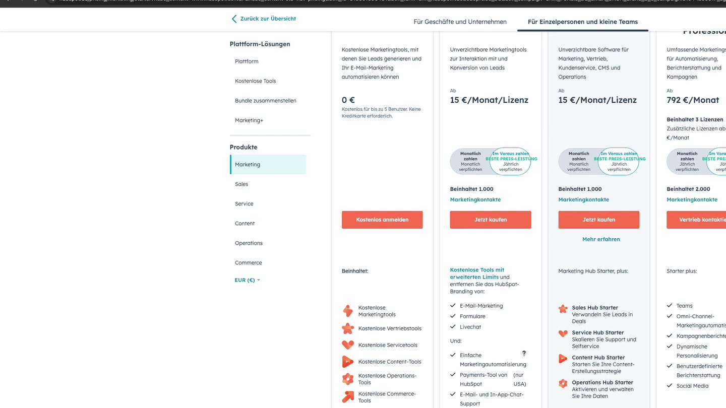 HubSpot Pricing-Seite: Kostenlos, Starter 15 EUR, Plattform 15 EUR, Professional 792 EUR pro Monat