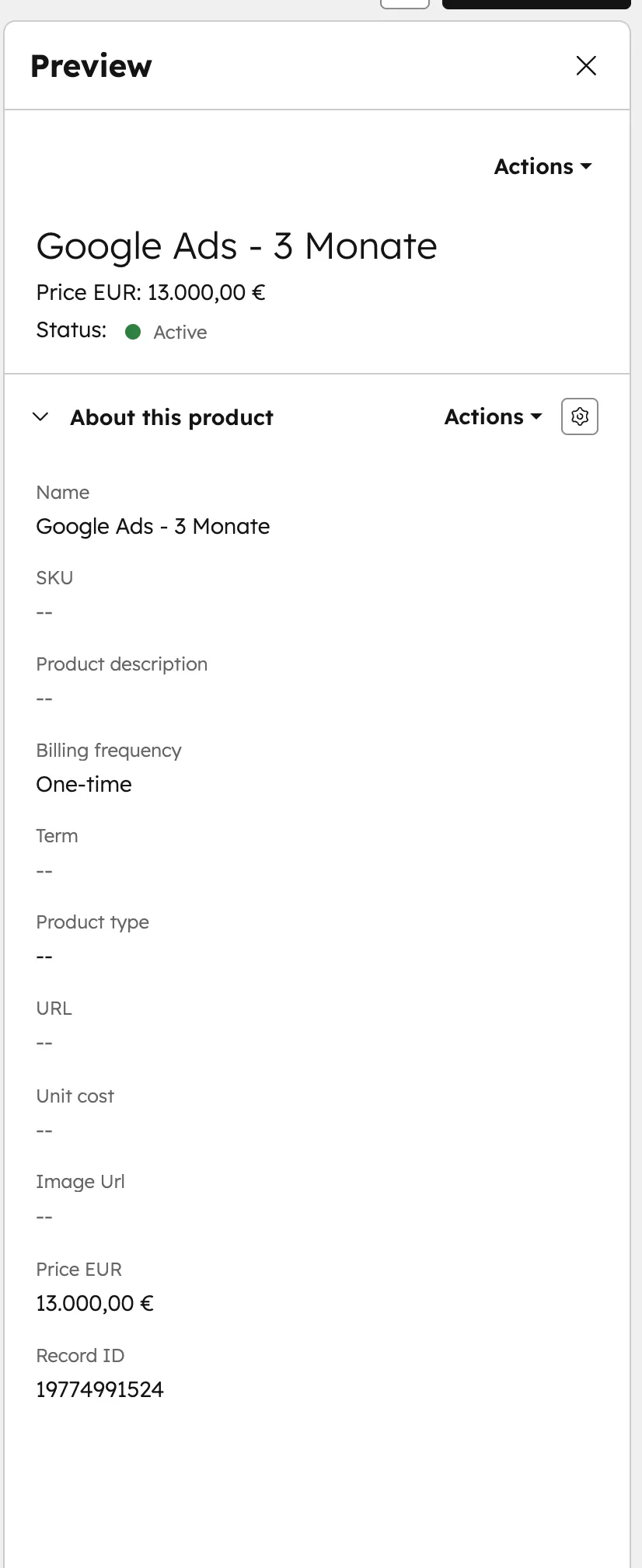 Detailansicht eines Produkts in der HubSpot Produktbibliothek