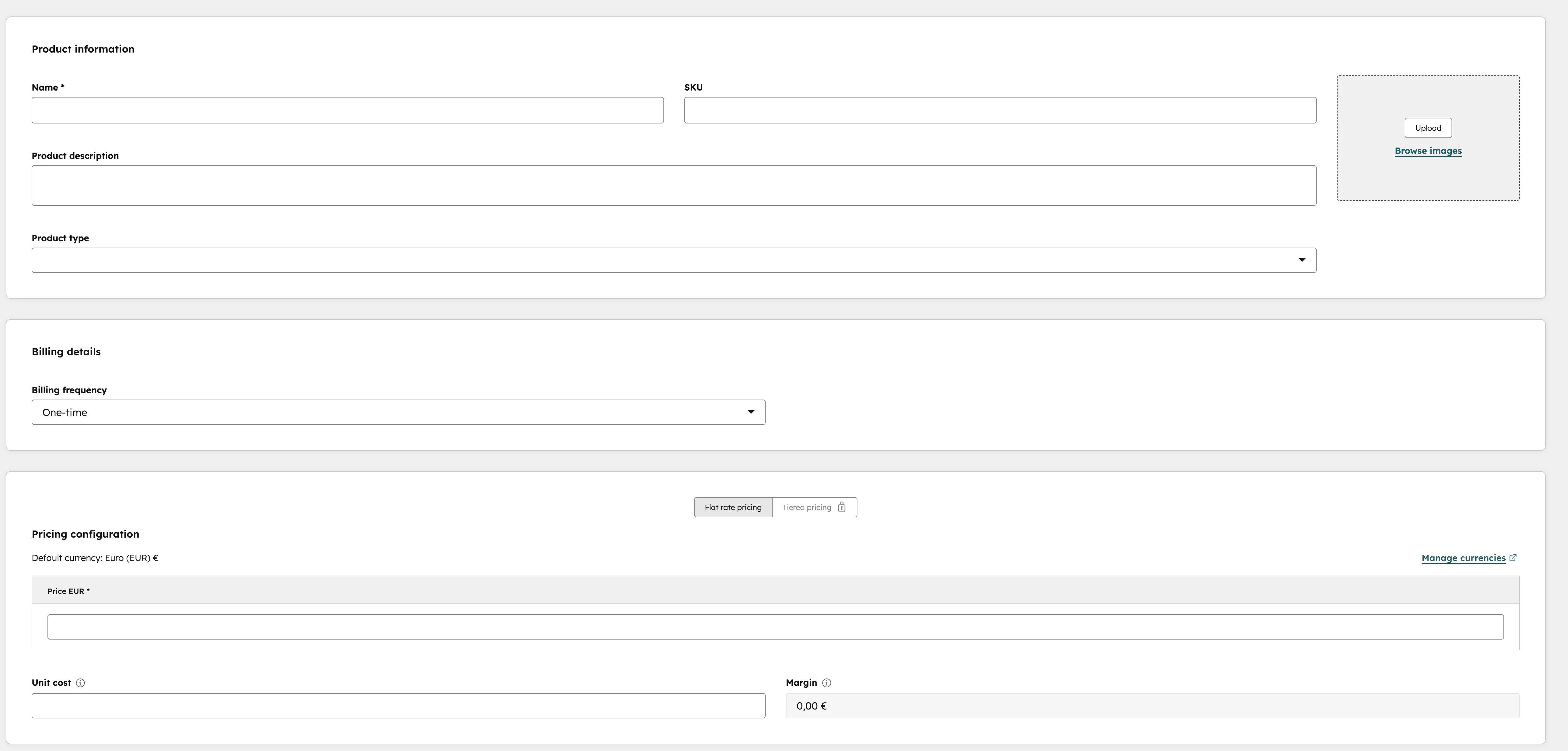 Formular zum Erstellen eines neuen Produkts in HubSpot