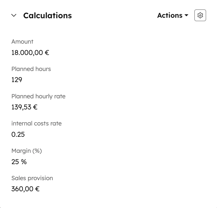 HubSpot Calculations Block mit Amount Planned hours Margin Sales provision