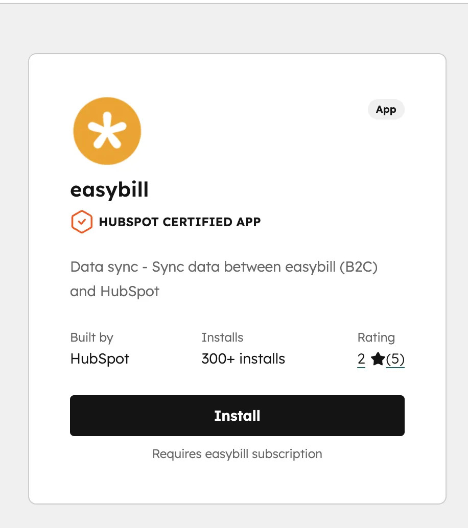 easybill App Card im HubSpot Marketplace mit Install Button