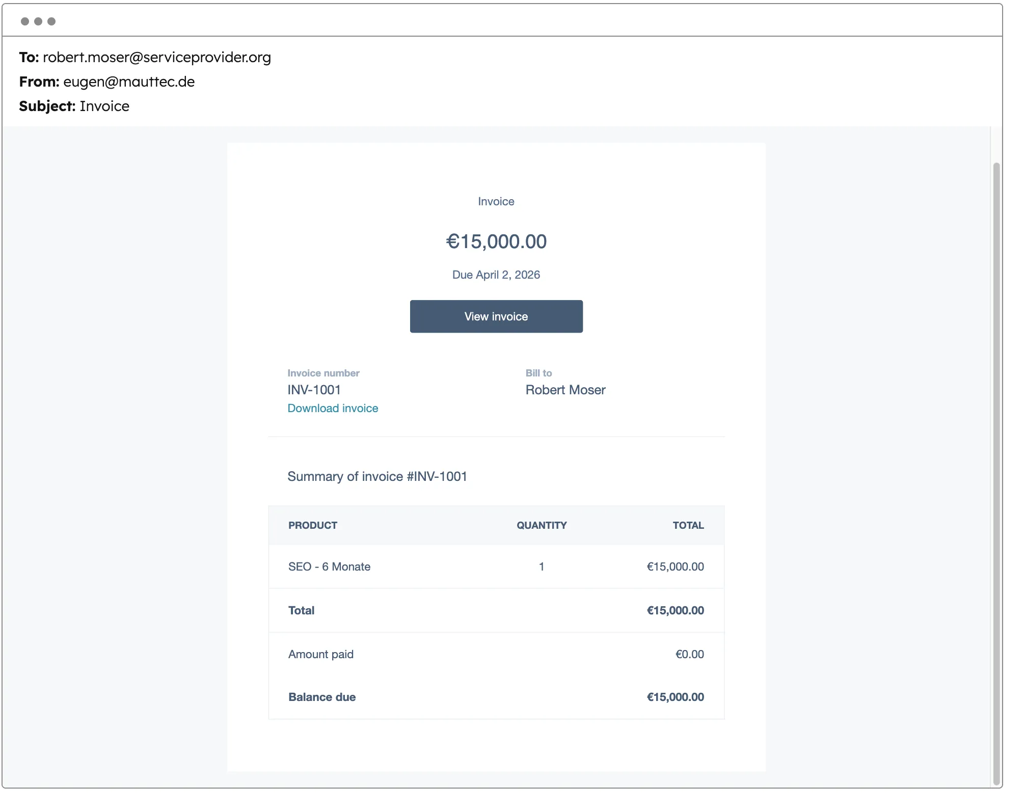 HubSpot Invoice Email Preview mit 15.000 Euro Betrag