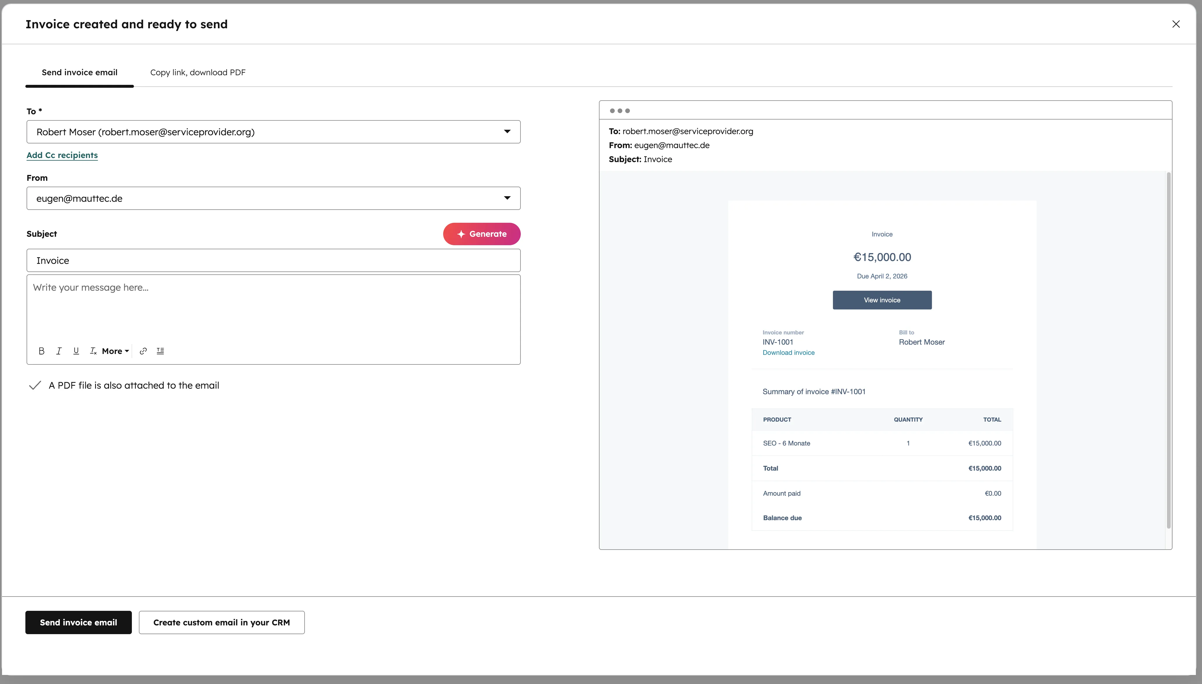 Dialog zum Versenden einer Rechnung per E-Mail in HubSpot
