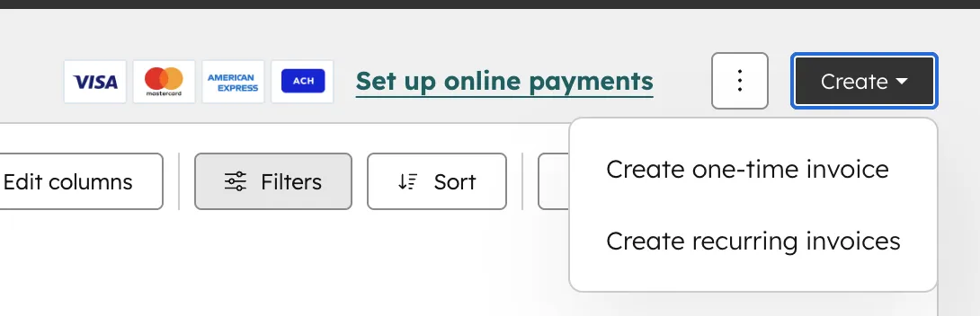 Dropdown-Menue zum Erstellen einer neuen Rechnung in HubSpot