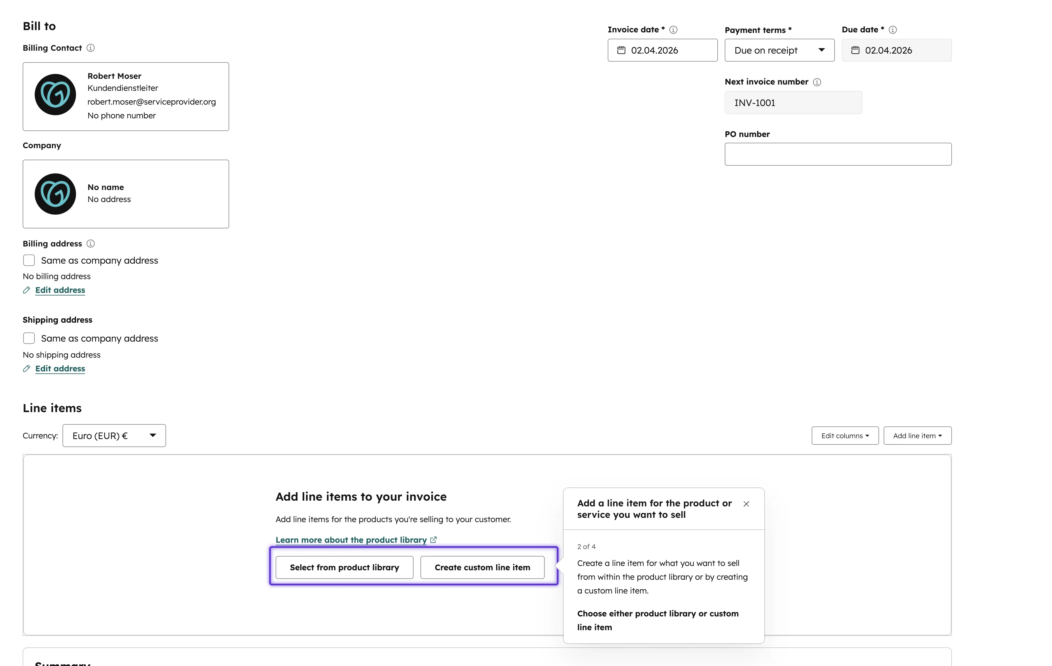 Rechnungsformular mit Rechnungsempfaenger und Adressdaten