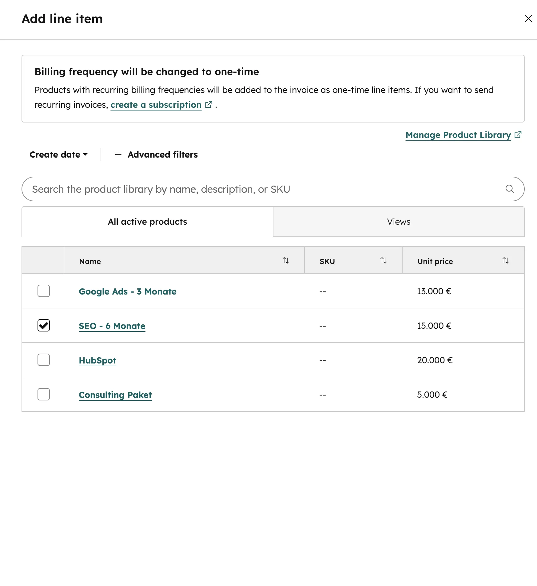 Produktbibliothek-Auswahl beim Erstellen einer Rechnung