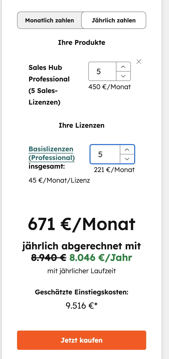 HubSpot Sales Hub Professional Preiskalkulator: 5 Sales-Lizenzen für 671€/Monat