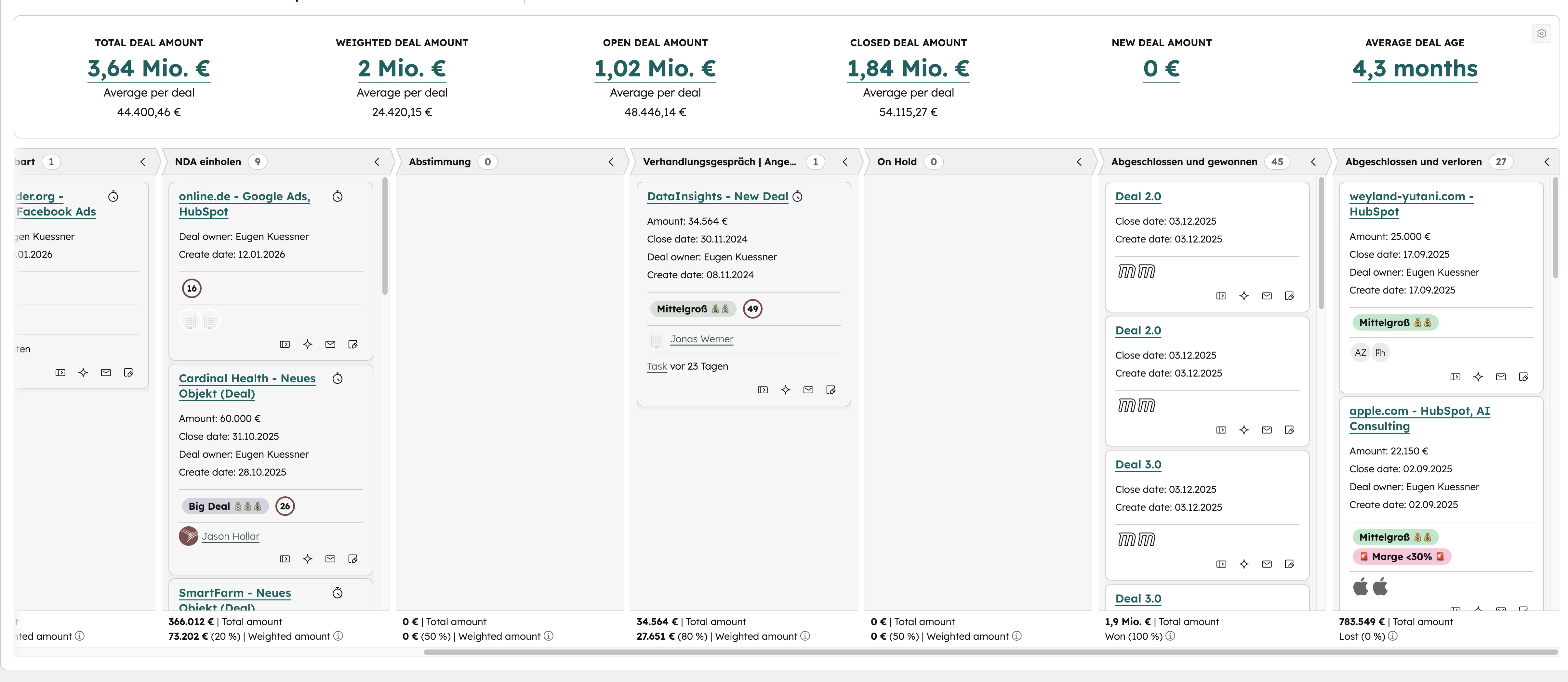 HubSpot Sales Pipeline Board View mit Deal Stages und Gesamtvolumen