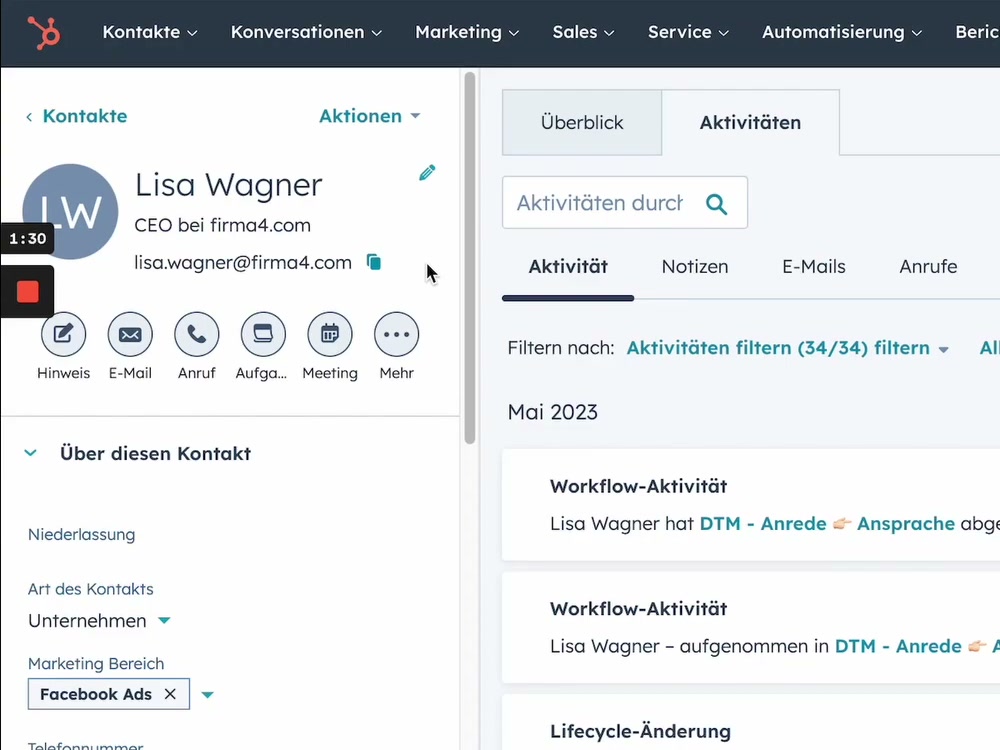 HubSpot Kontakt mit Workflow-Aktivitäten und automatisierten Sales-Aktionen