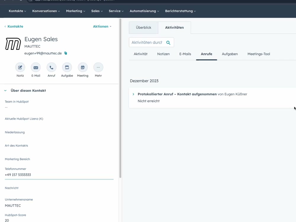 HubSpot Kontakt-Detail mit Anrufe-Protokoll und Aktivitäten-Timeline