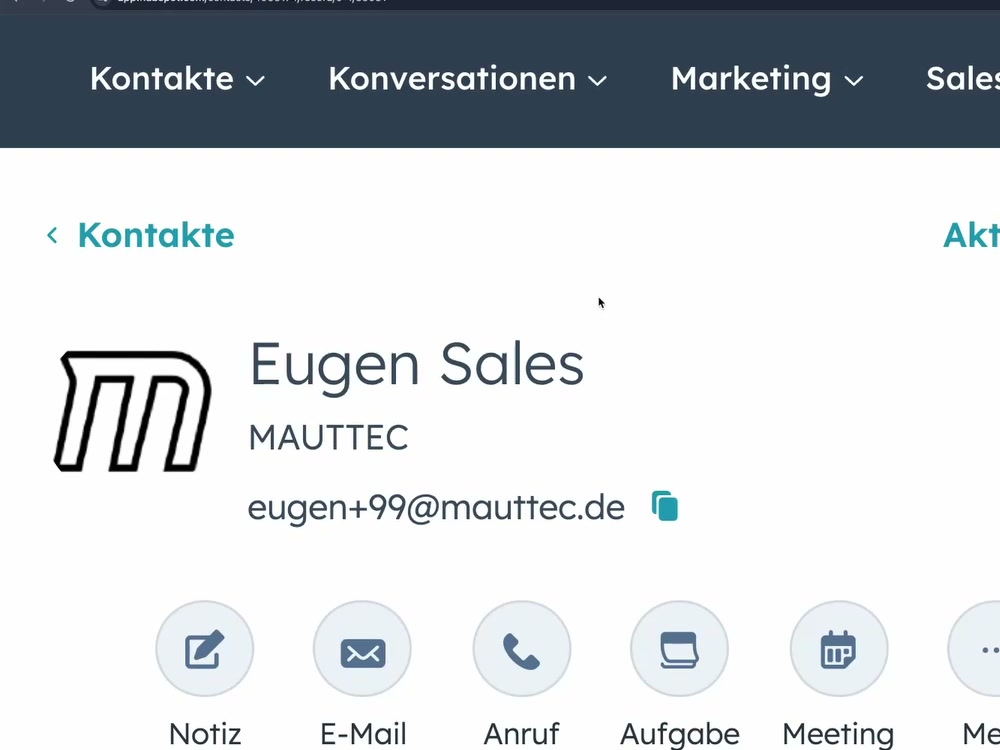 HubSpot Kontakt-Detailansicht mit Aktions-Buttons für E-Mail, Anruf und Aufgabe