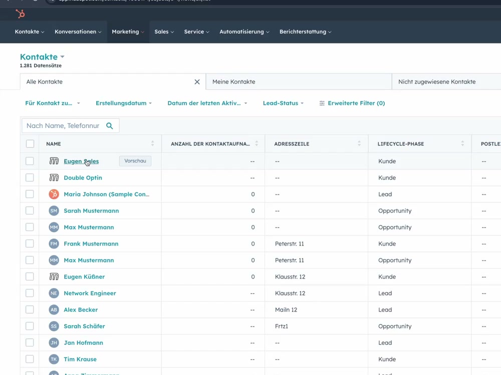 HubSpot Kontakte-Übersicht mit Lifecycle-Phasen im CRM