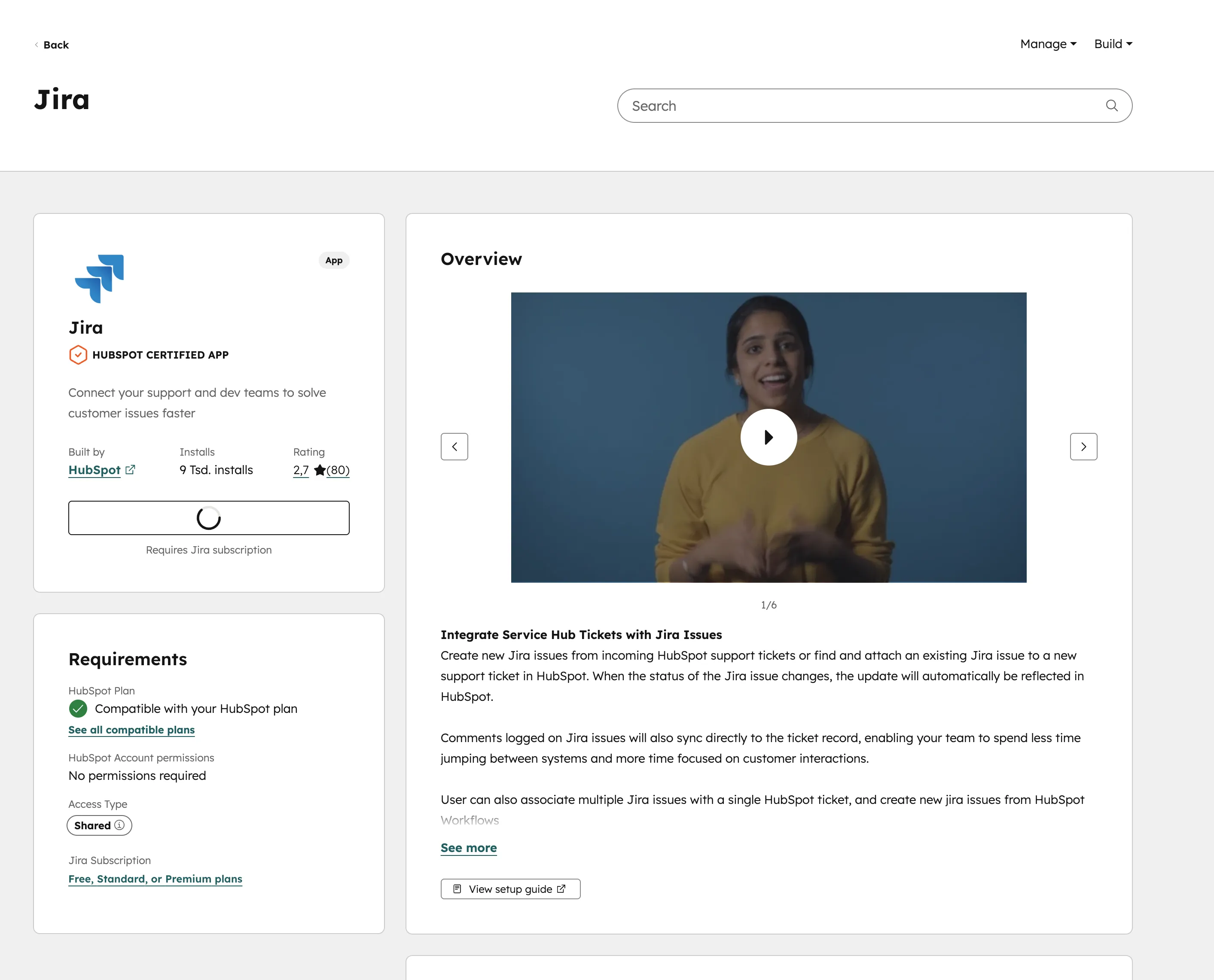 HubSpot App Marketplace Seite mit Integration-Übersicht