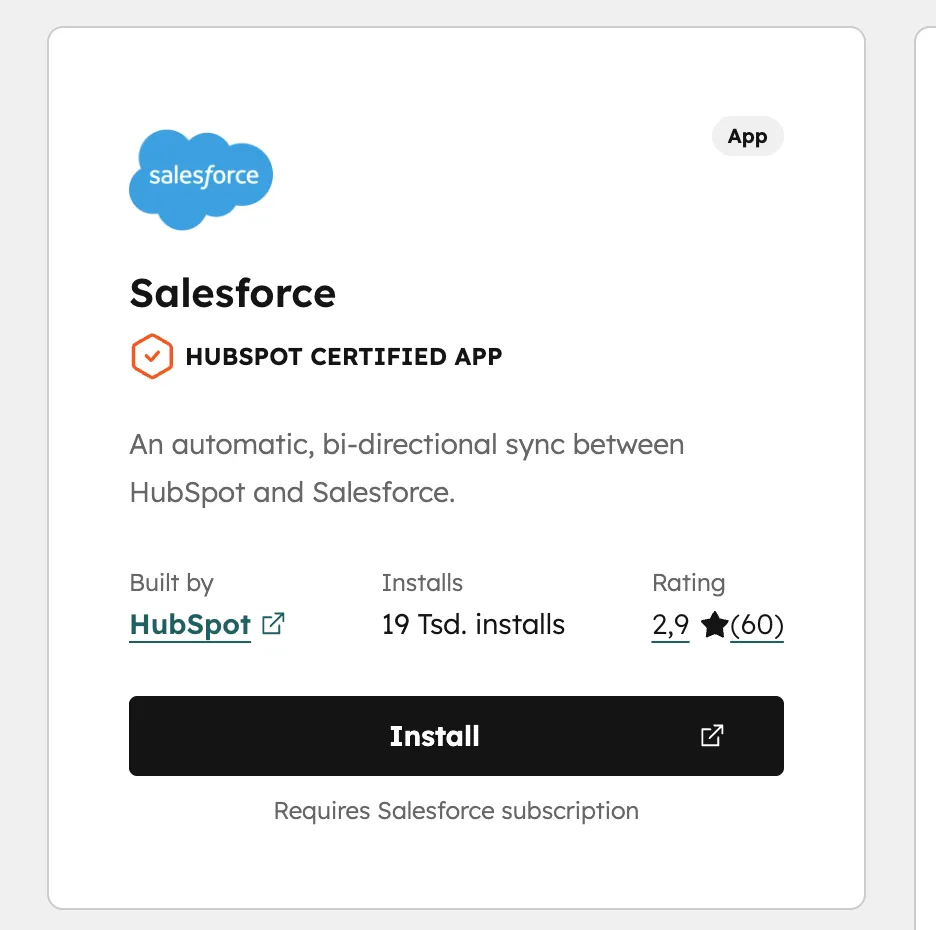Salesforce App Card HubSpot Marketplace 19k installs