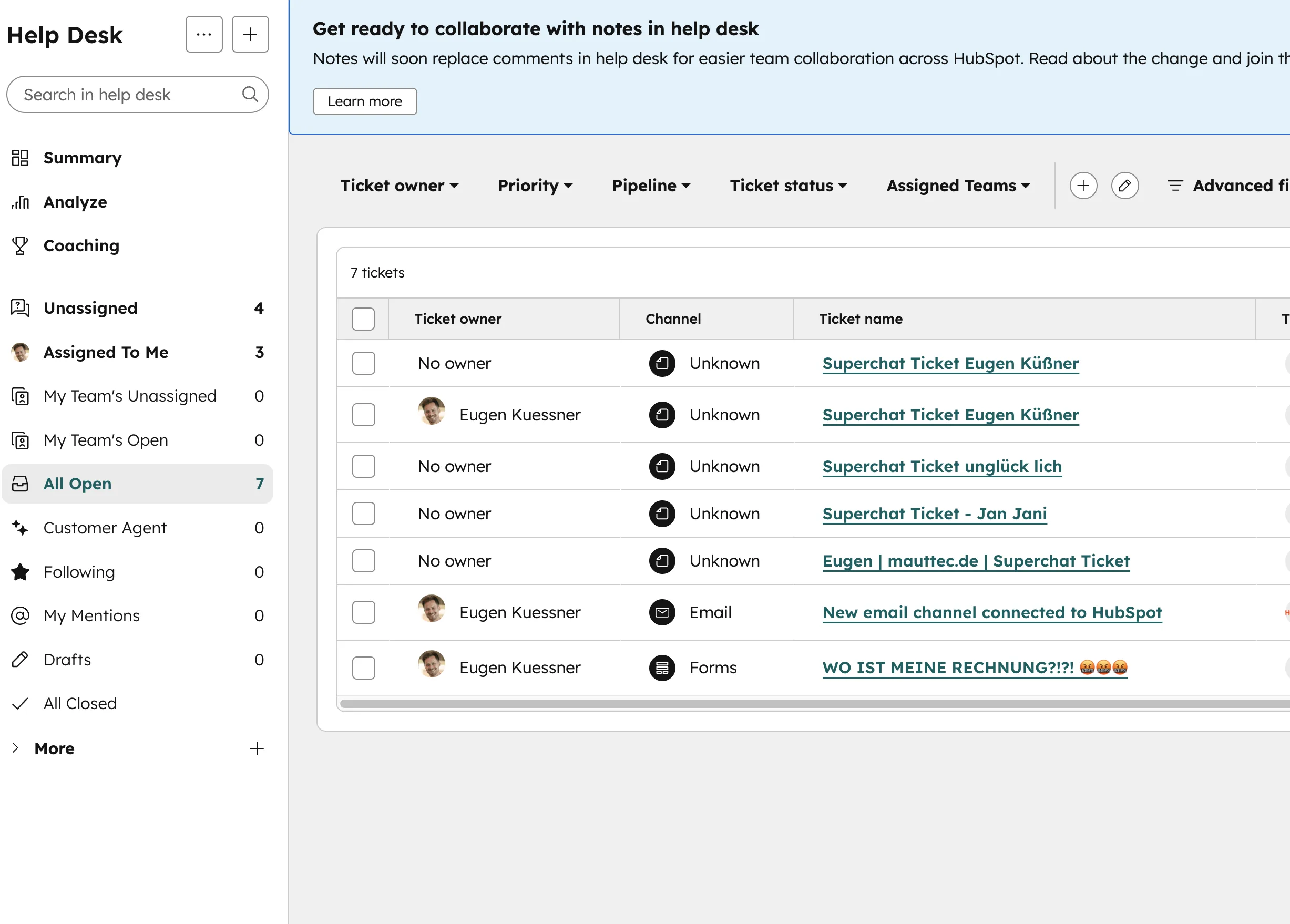 HubSpot Help Desk Ticket-Übersicht mit 7 Tickets Kanäle und Besitzer