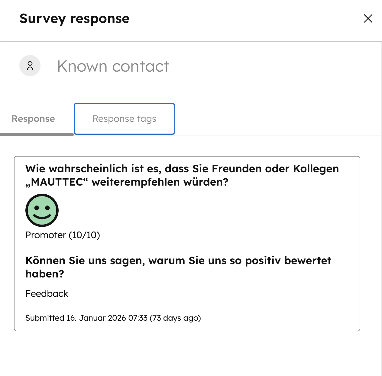 HubSpot NPS Umfrage Antwort Promoter 10 von 10 Kundenfeedback